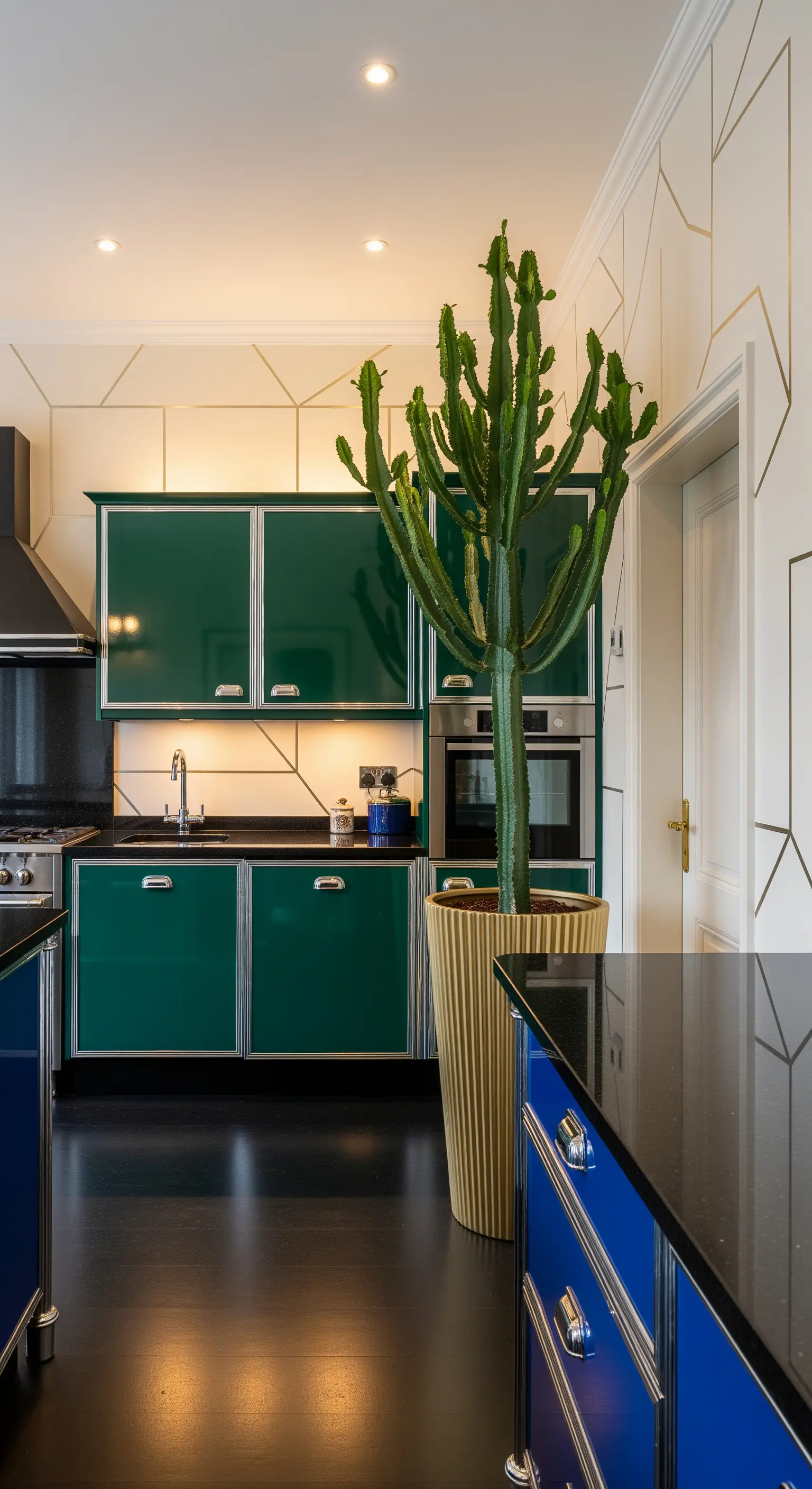 Grande cactus in un vaso dorato in una cucina con mobili laccati verdi e blu.