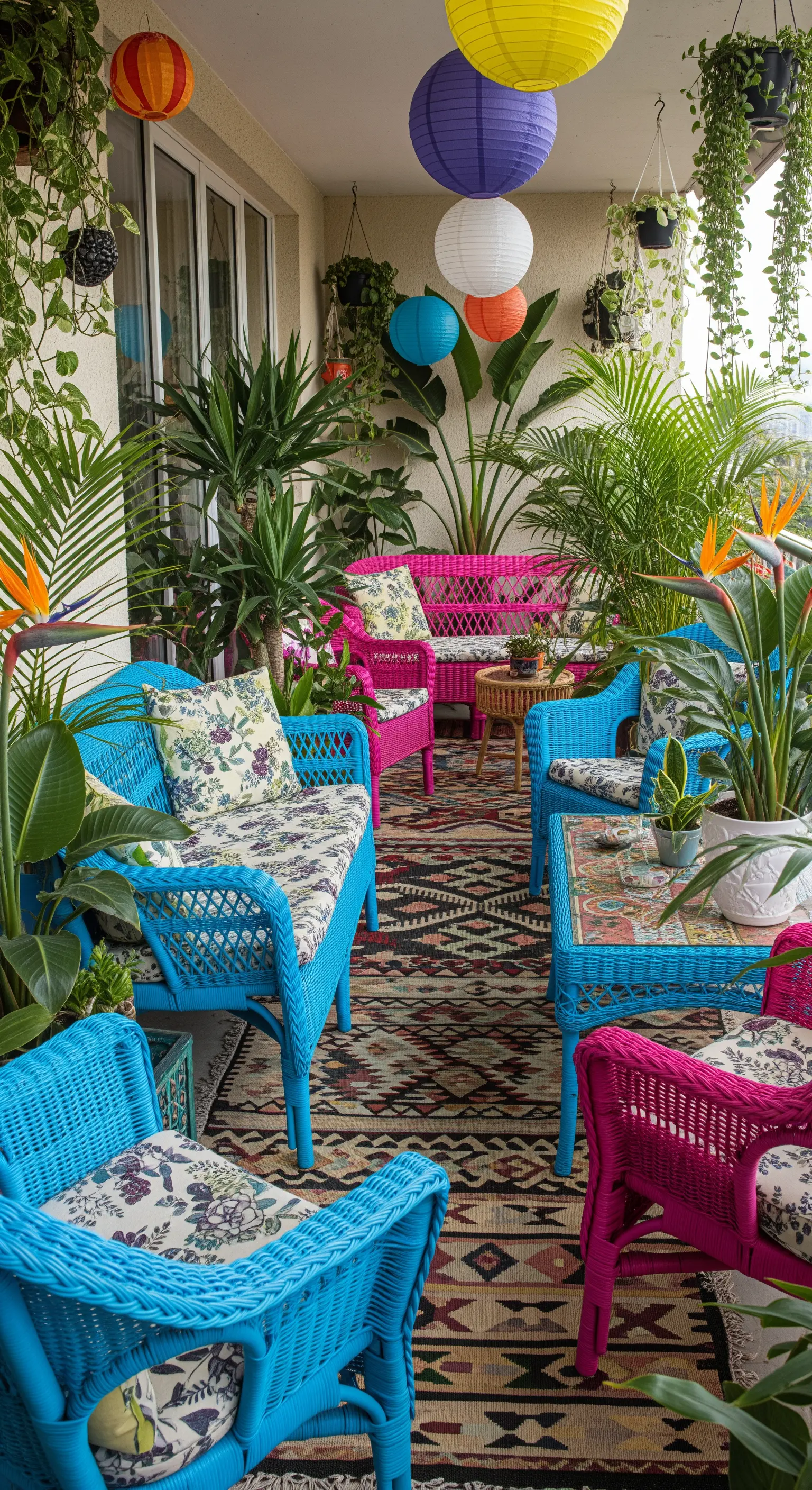 Balcone eclettico con mobili in vimini dipinti di fucsia e ciano e lanterne di carta colorate.