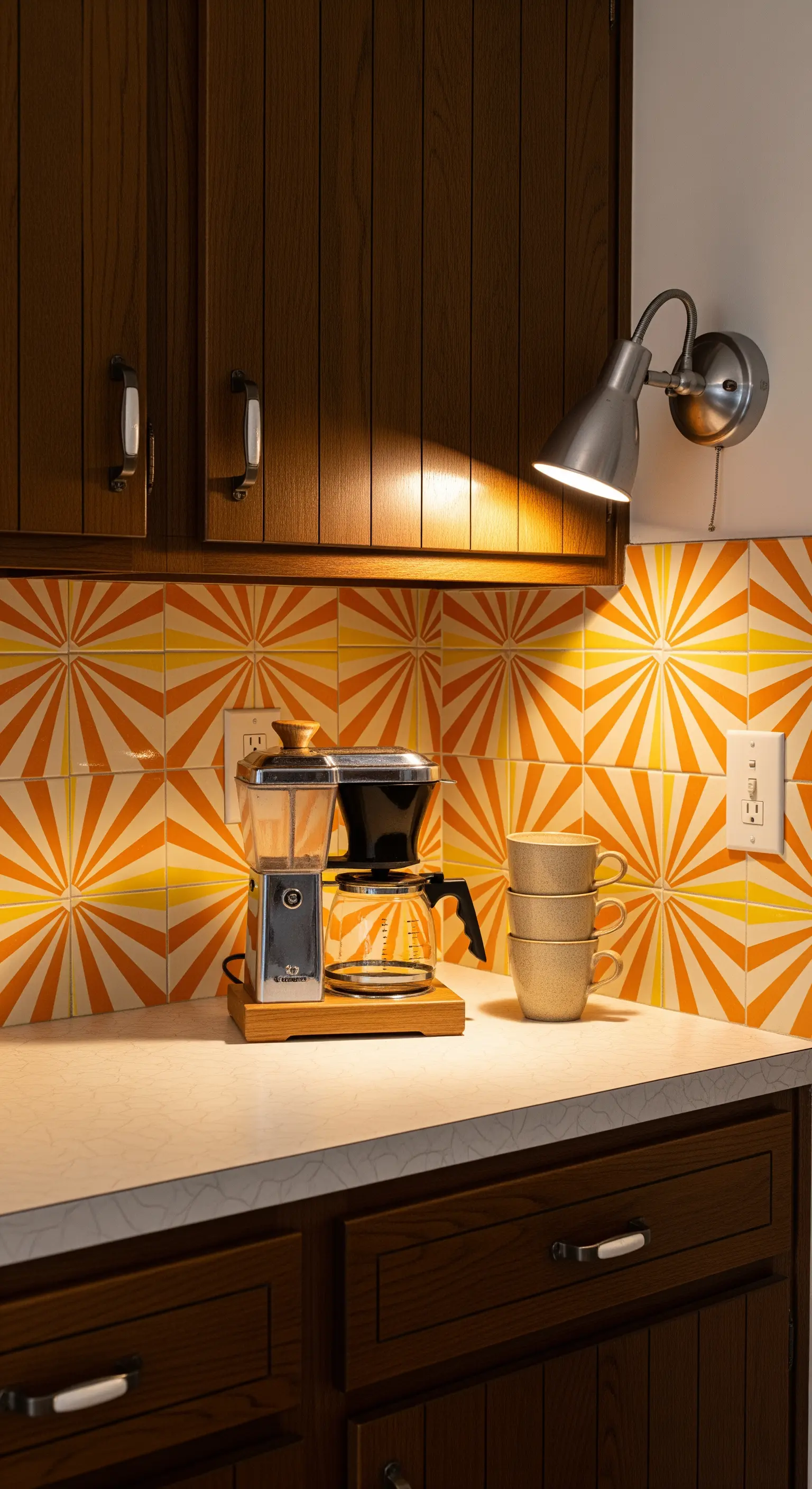 Paraschizzi con piastrelle a raggiera arancioni e gialle in una cucina con mobili in legno scuro.