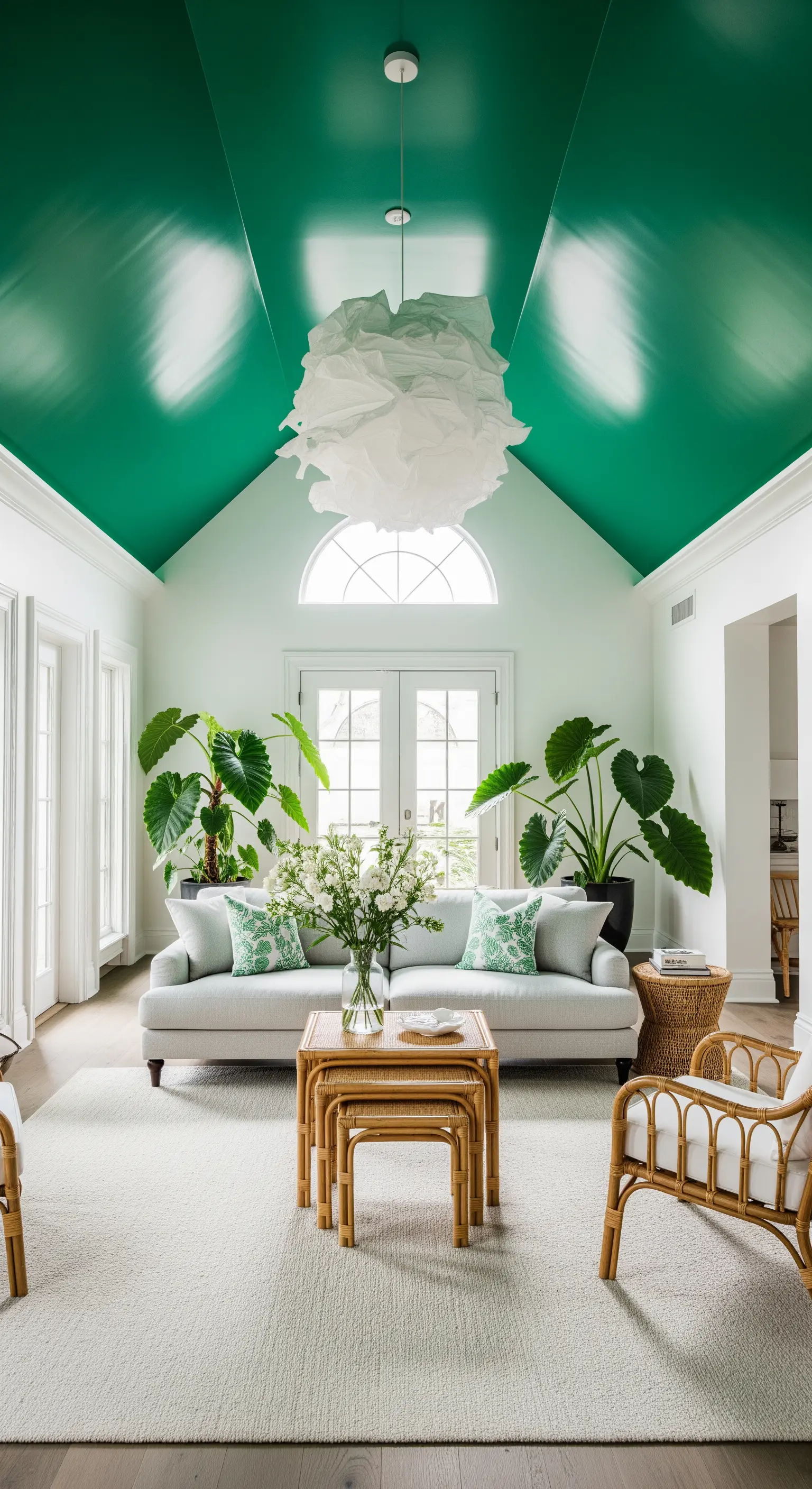 Soggiorno con pareti bianche e un audace soffitto a cattedrale dipinto di verde smeraldo lucido.