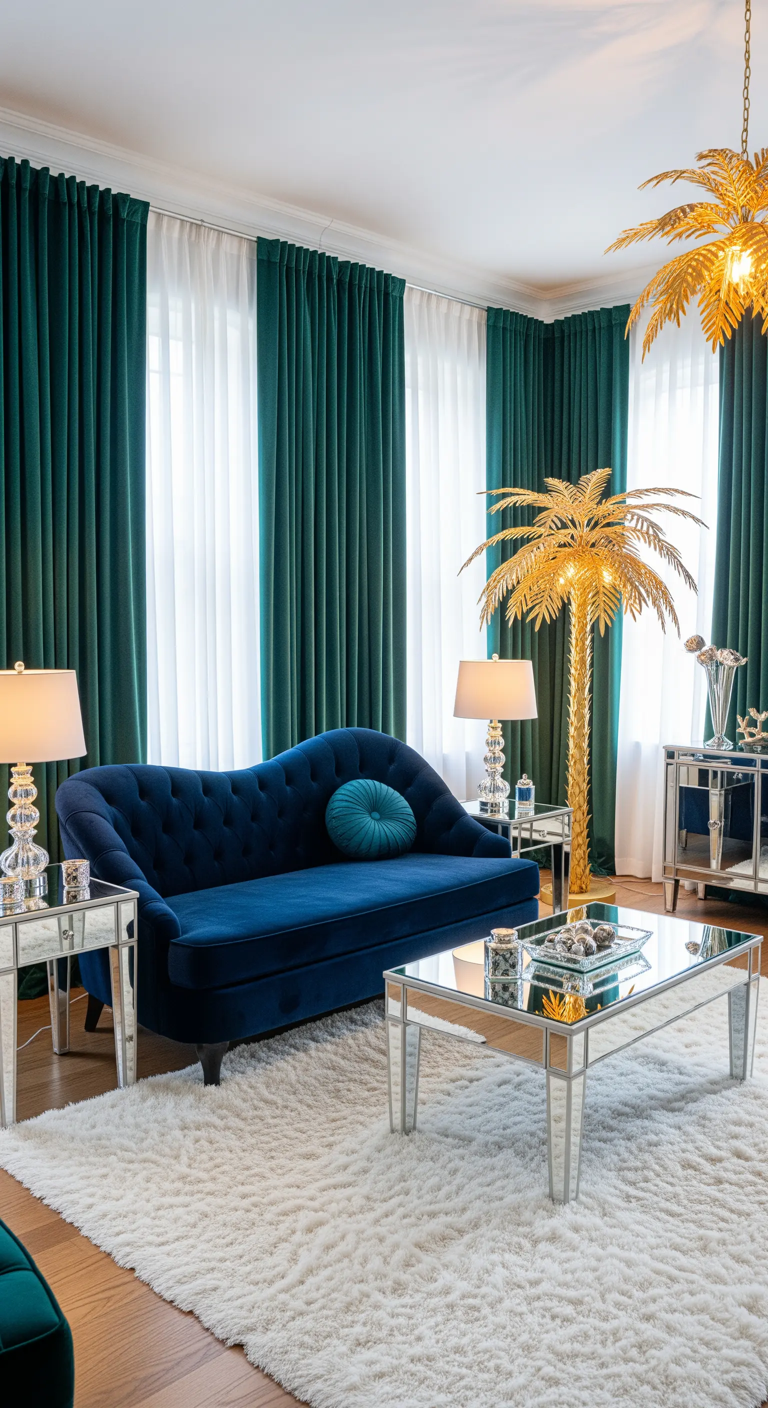Divanetto in velluto blu, mobili a specchio e lampada a forma di palma dorata.