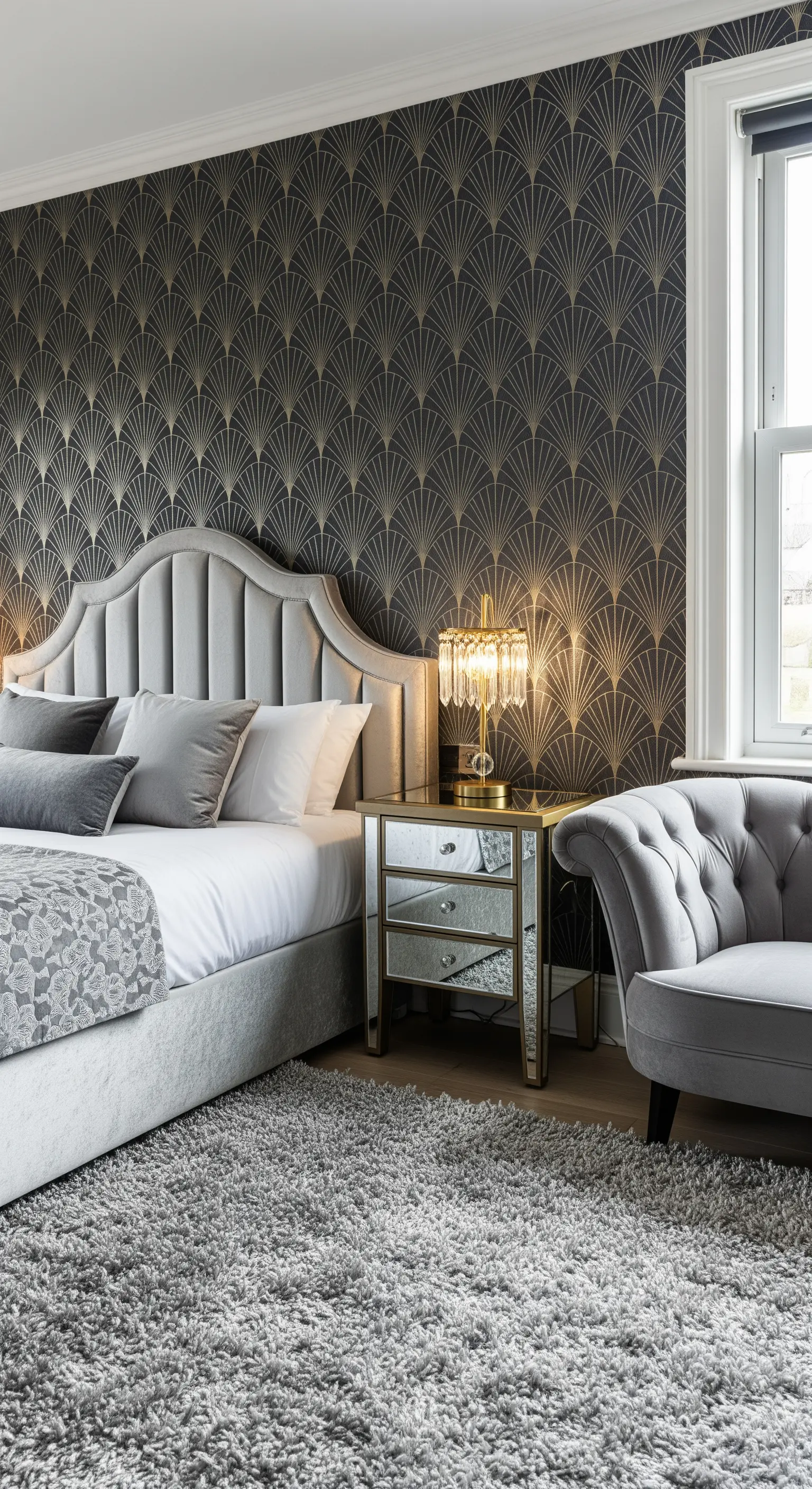 Dettaglio di una camera da letto con carta da parati a ventagli grigia e oro e comodino a specchio.