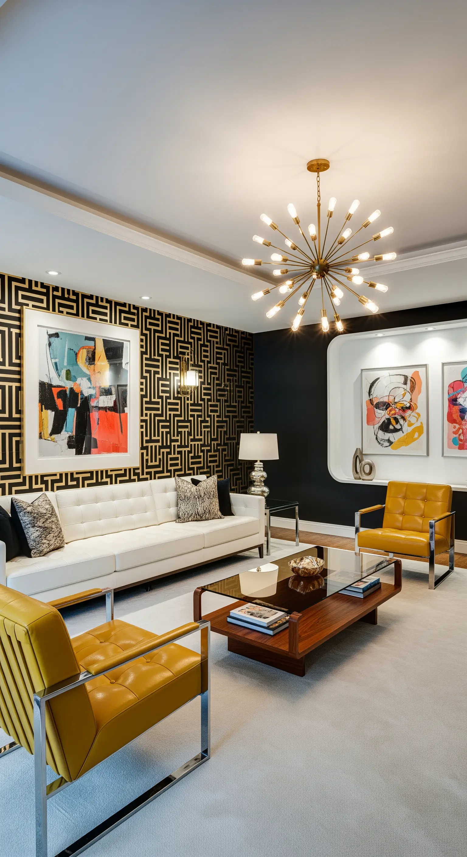 Salotto moderno con carta da parati optical, lampadario Sputnik e poltrone senape in pelle e cromo.