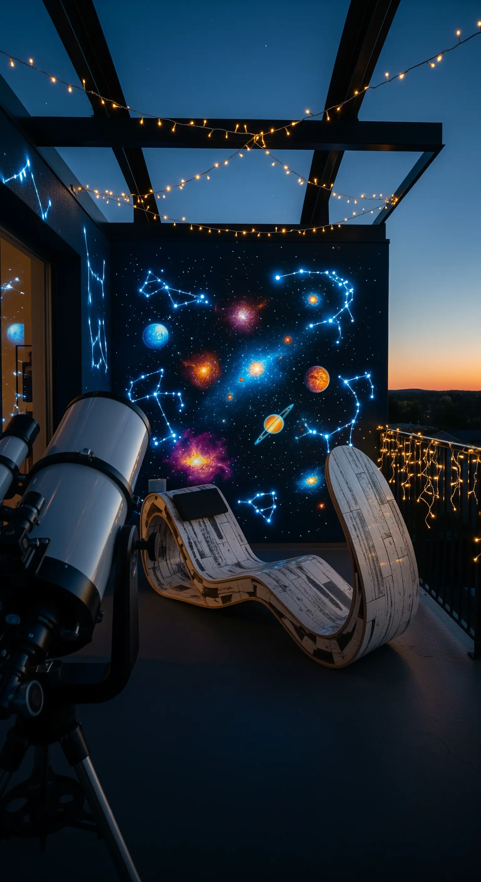 Terrazza con murale di costellazioni, un telescopio e una chaise longue di design per osservare il cielo.