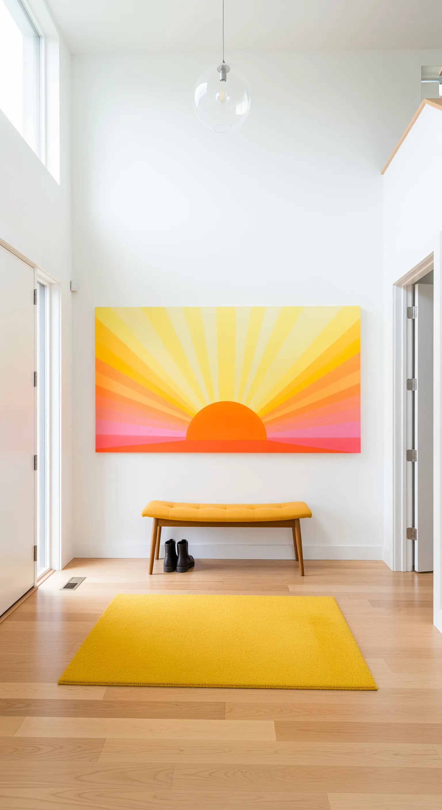 Ingresso scandinavo con quadro di un'alba colorata e tappeto e panca gialli coordinati.