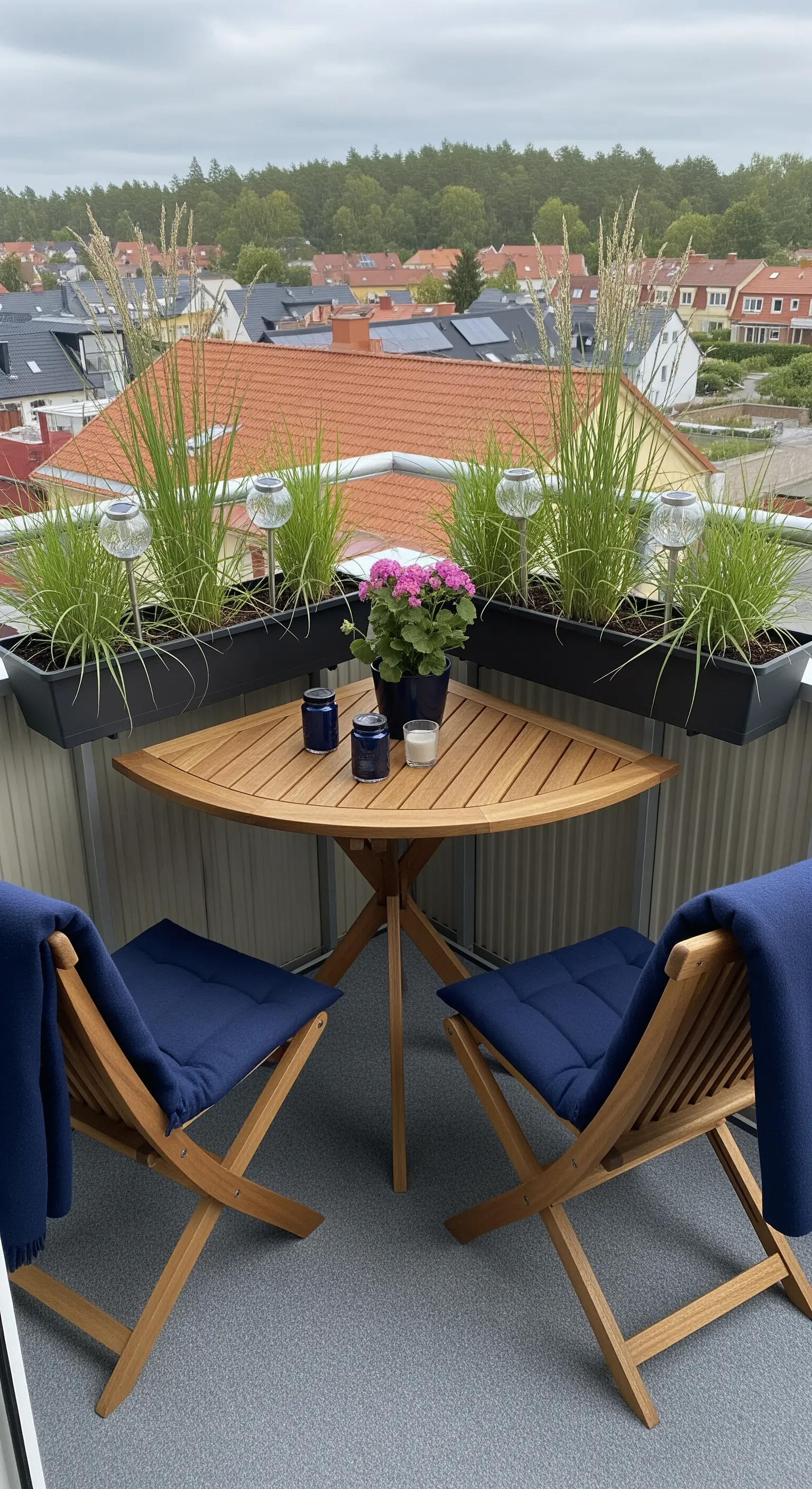 Tavolo angolare in legno con sedie blu e fioriere con erbe alte decorative.