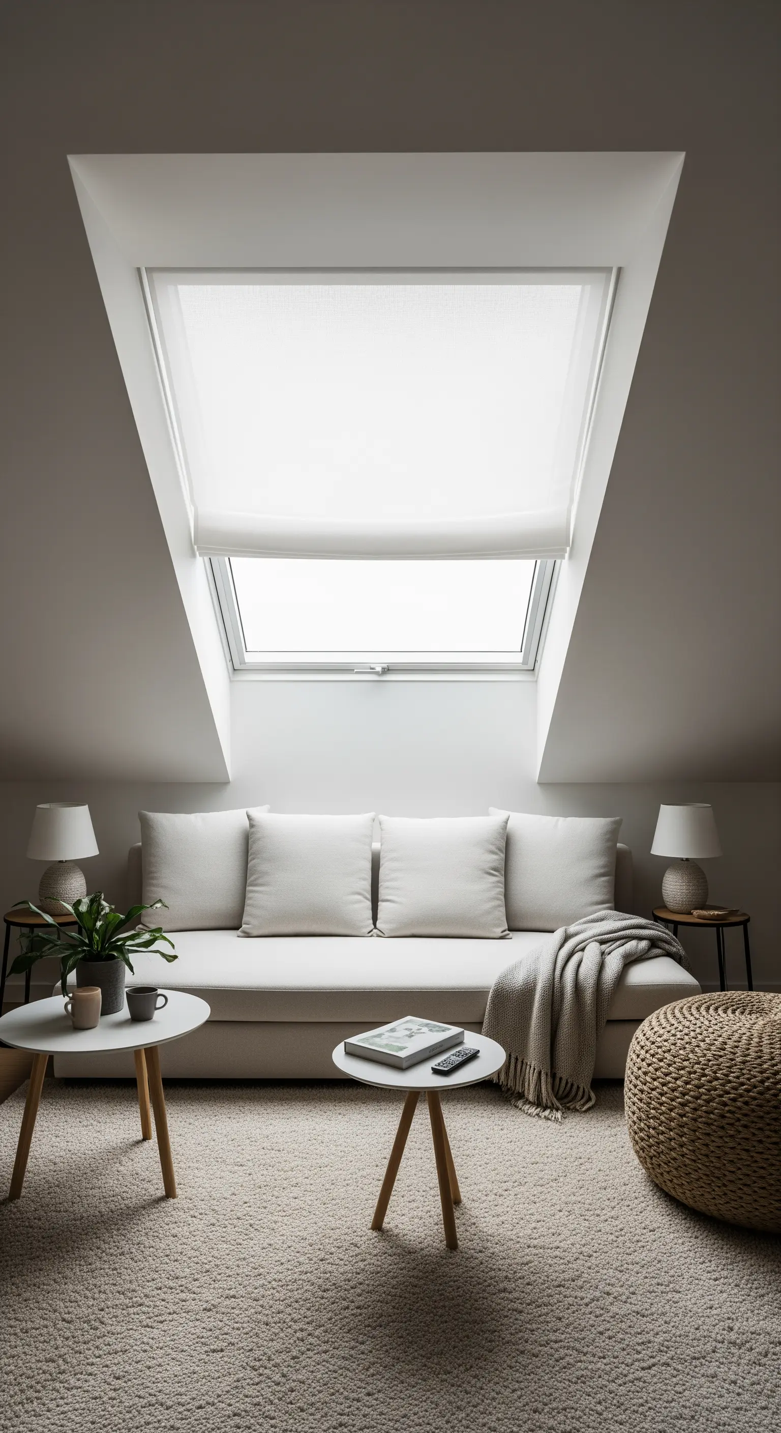 Divano bianco in una mansarda accogliente con una tenda a rullo sul lucernario.