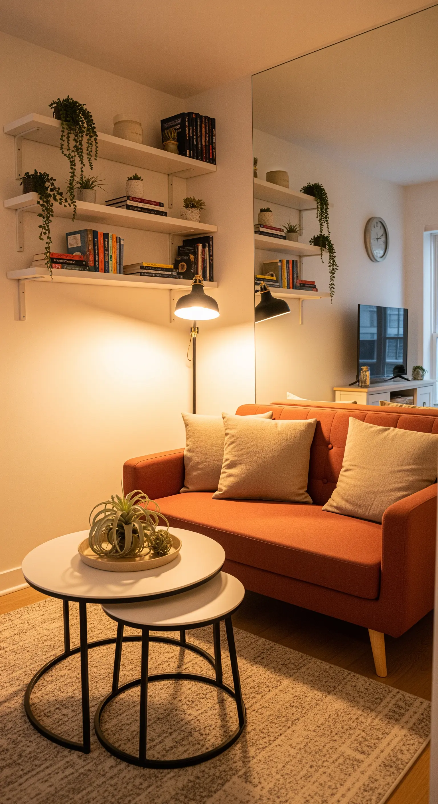 Piccolo soggiorno con divano terracotta, mensole a muro e un grande specchio