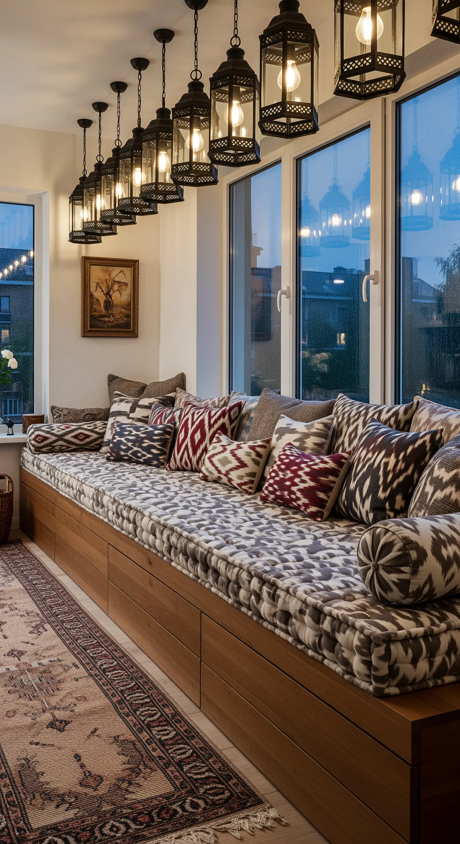 Lunga panca con cuscini ikat in una veranda, illuminata da una fila di lanterne industriali.