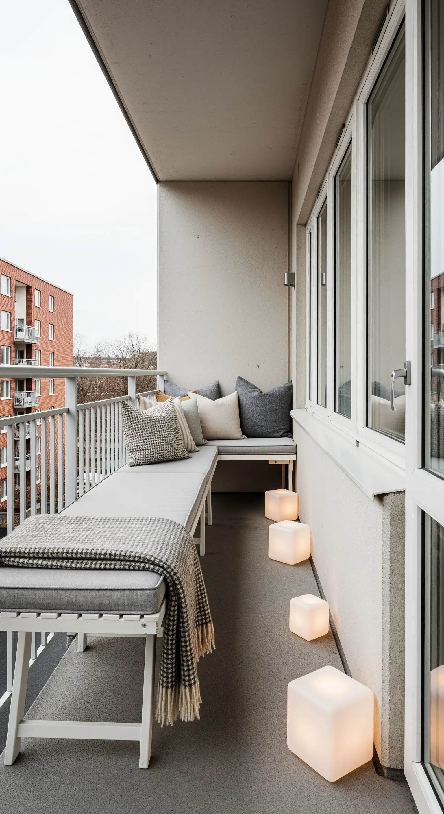 Balcone lungo e stretto con una panca bianca, cuscini, plaid e lampade a cubo luminose.