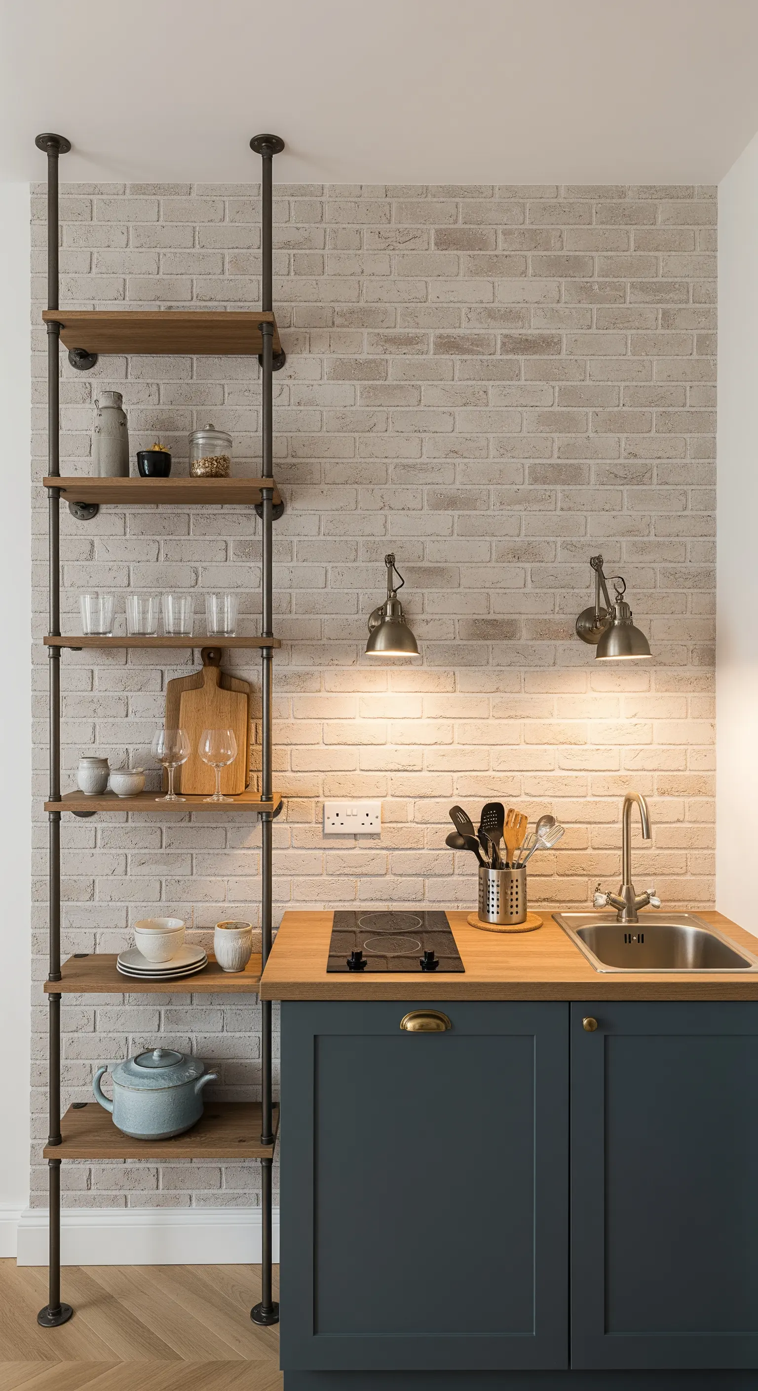 Piccola cucina con scaffalatura a tubi a tutta altezza e mattoni chiari.