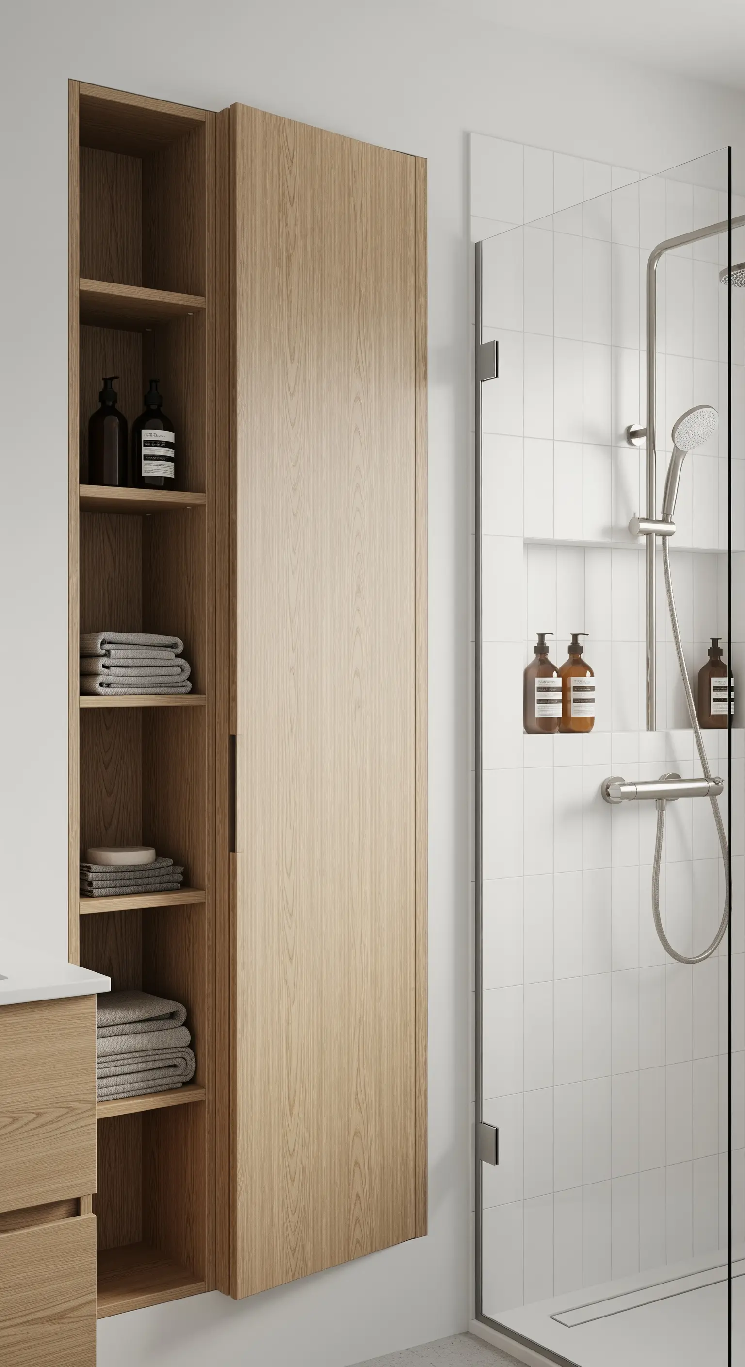 Colonna contenitore alta in legno chiaro con vani a giorno e anta, accanto alla doccia.