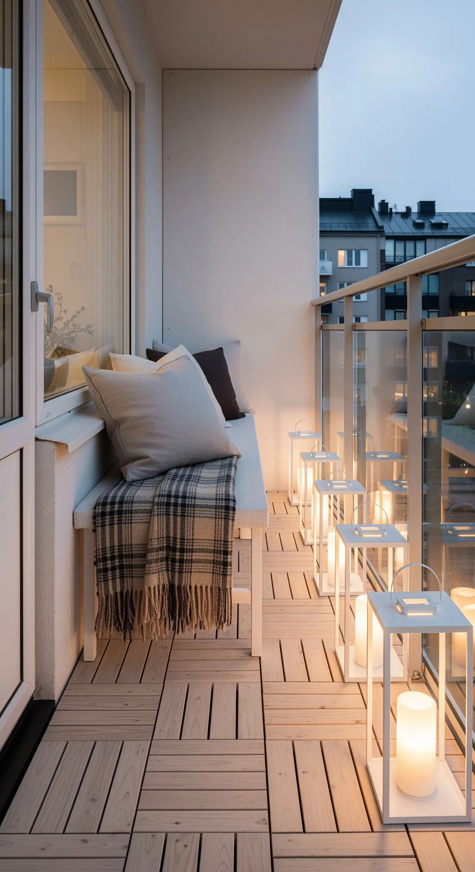 Balcone stretto con panca, cuscini e una fila di lanterne bianche che illuminano il camminamento.