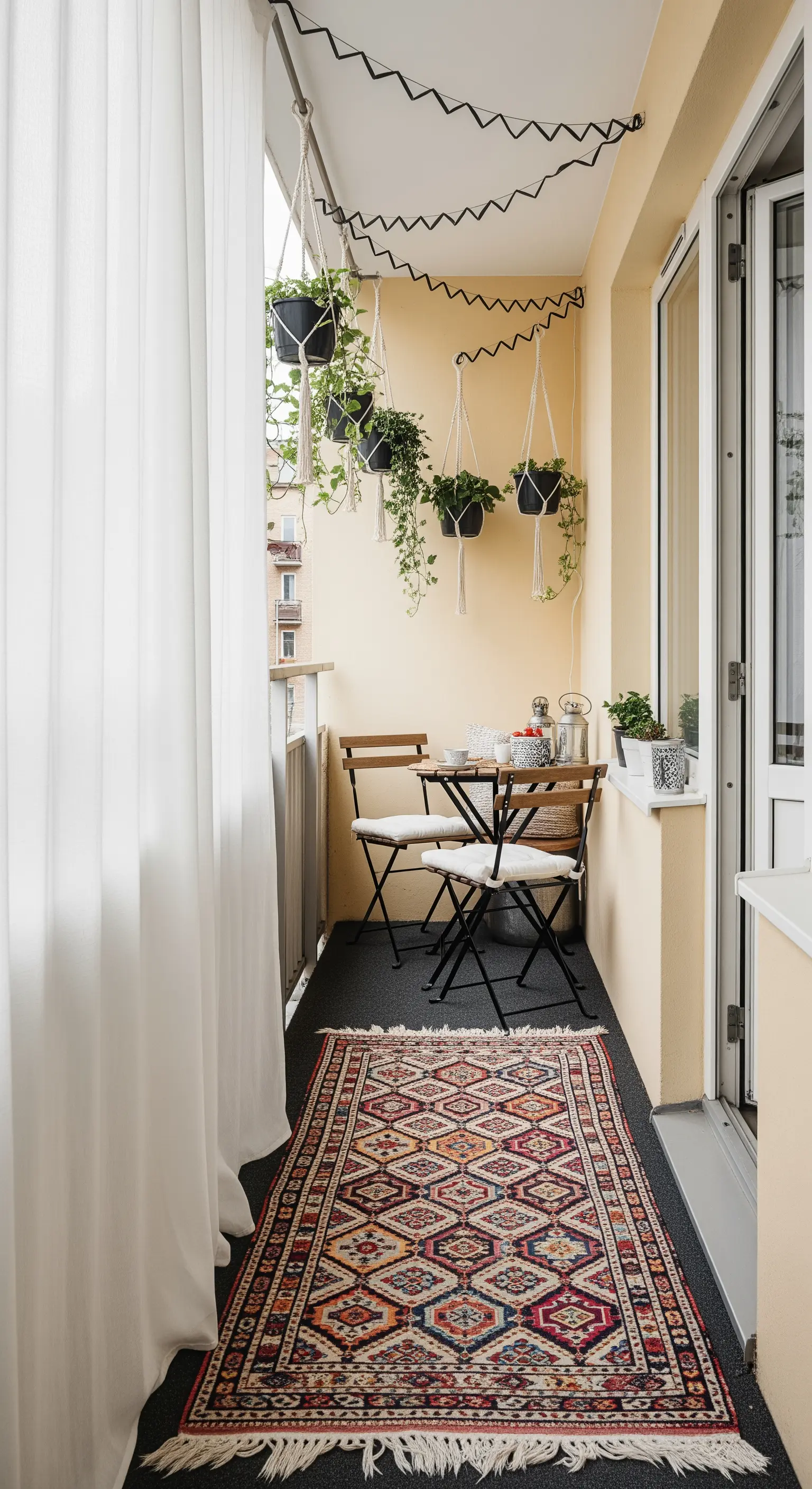 Balcone stretto con tappeto a corsia, tavolino, sedie e piante appese in macramè.