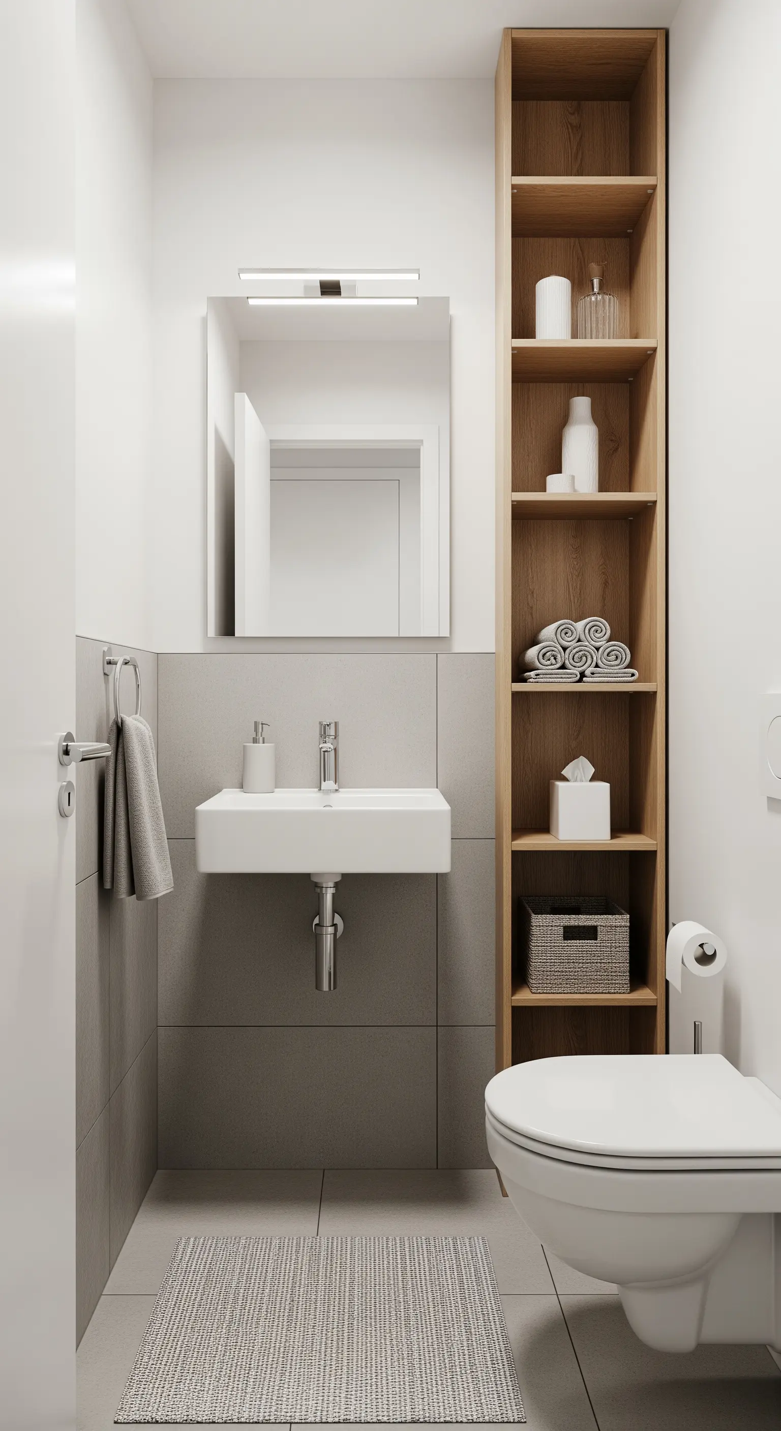 Libreria stretta e alta in legno chiaro, posizionata tra il WC e la parete in un piccolo bagno.