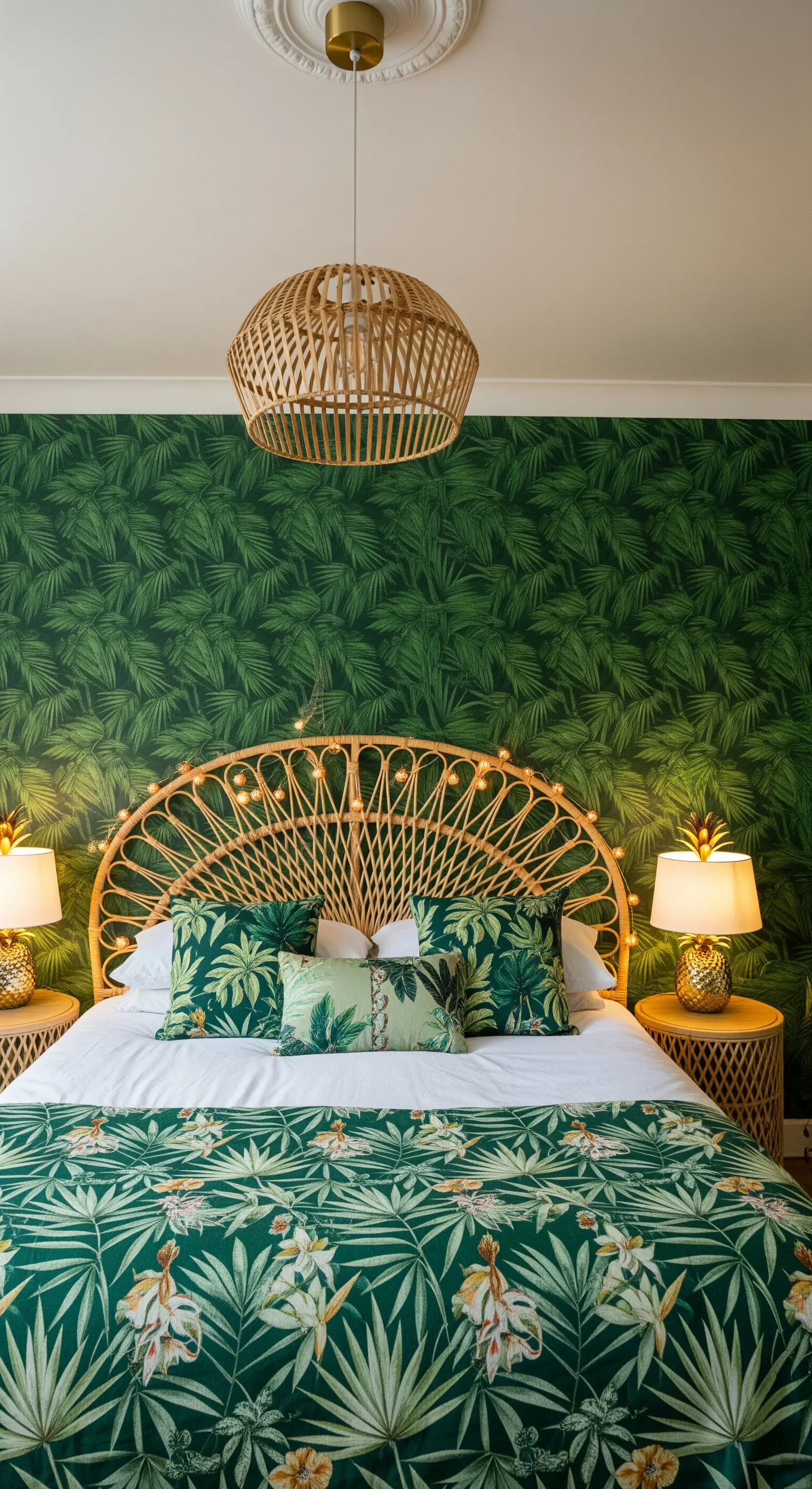 Lampade a forma di ananas in ottone su comodini in rattan in una camera tropical.
