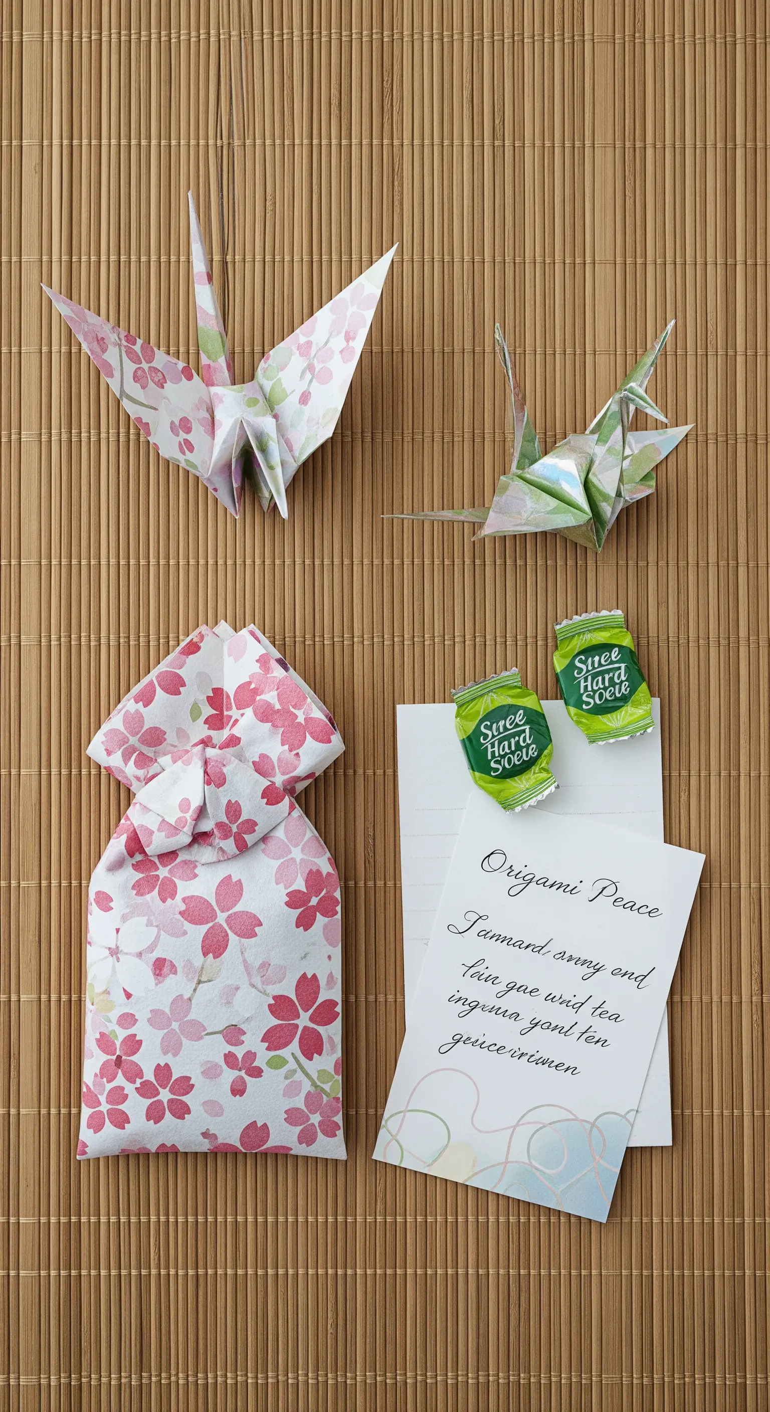 Sacchetto in carta origami a fiori di ciliegio, con gru di carta e caramelle al tè verde.