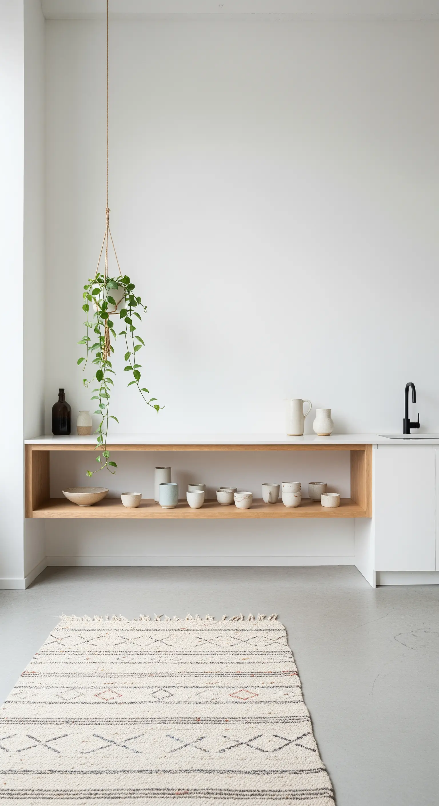 Cucina minimalista bianca con una singola mensola in legno, una pianta sospesa e un tappeto kilim.