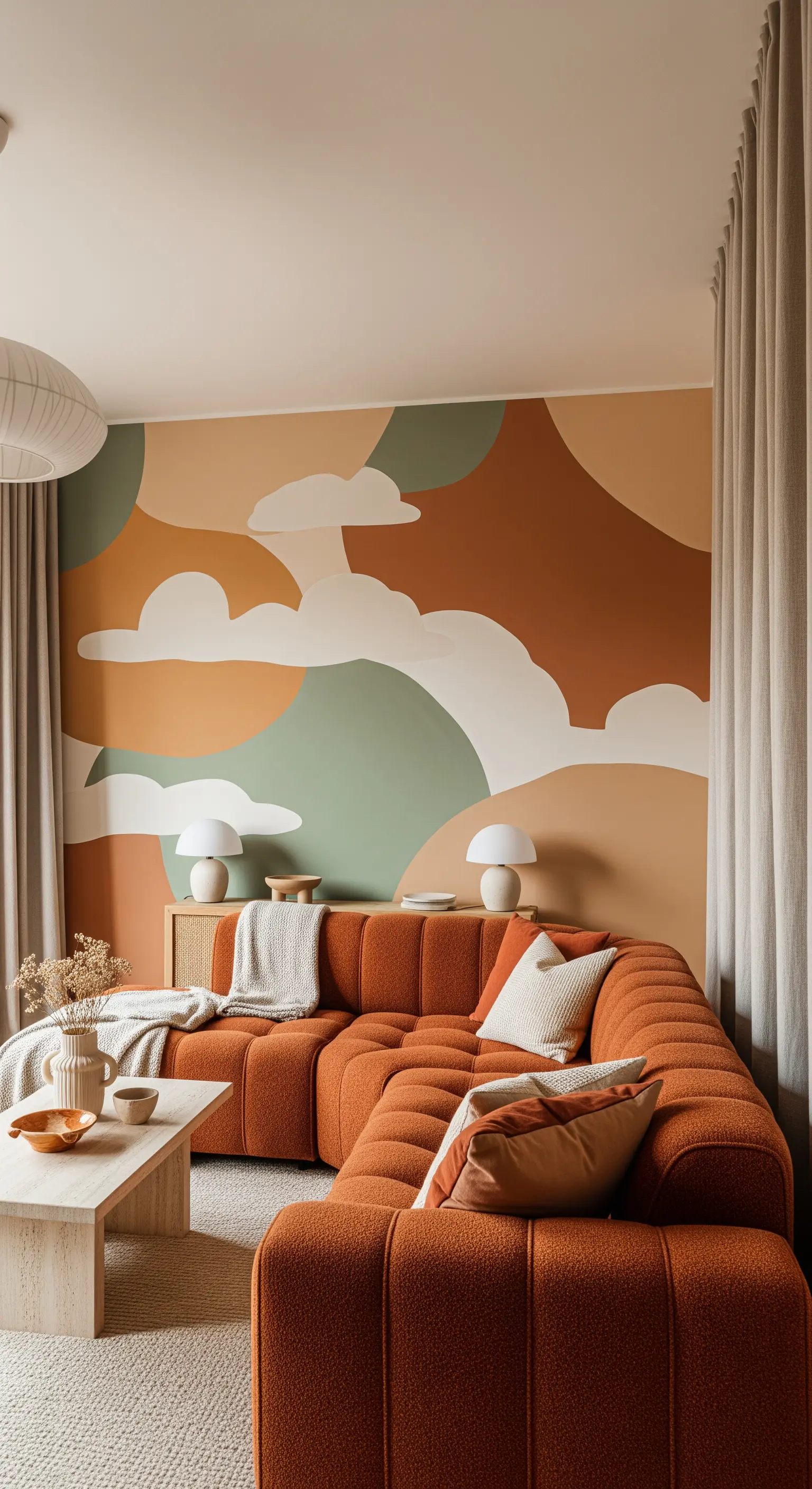 Salotto moderno con murale astratto nei toni della terra e divano componibile arancione.