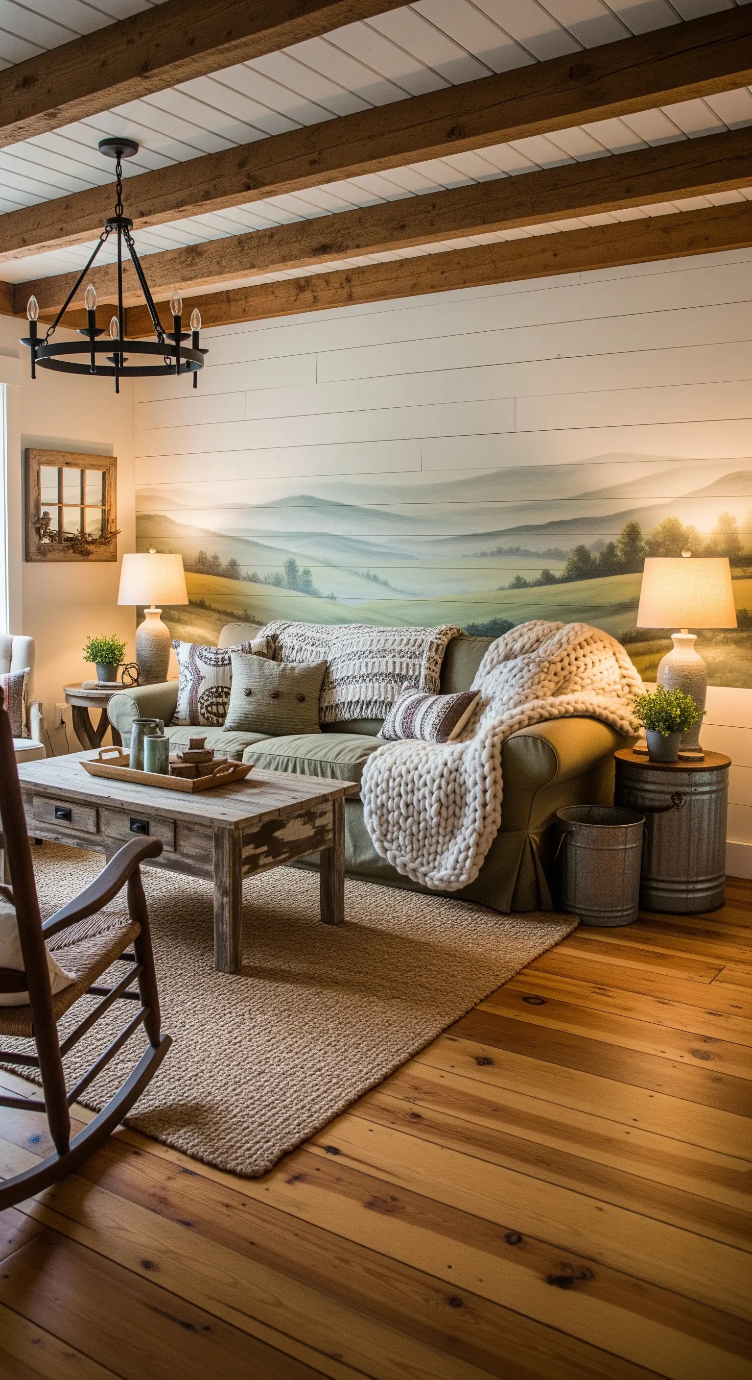 Soggiorno rustico con travi a vista, murale di un paesaggio collinare e divano verde salvia.
