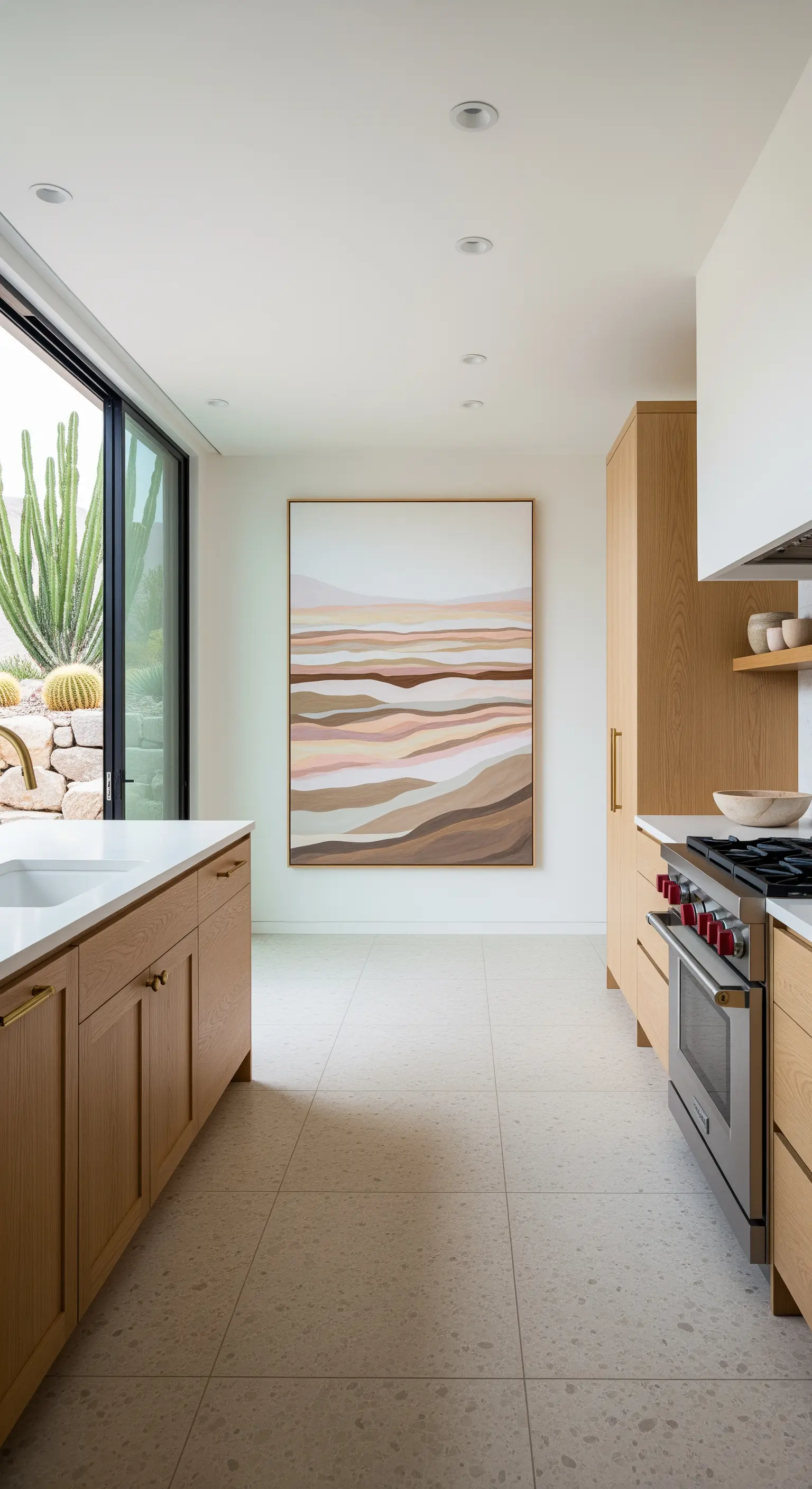 Cucina luminosa con mobili in legno chiaro e un quadro astratto che ricorda un paesaggio desertico.