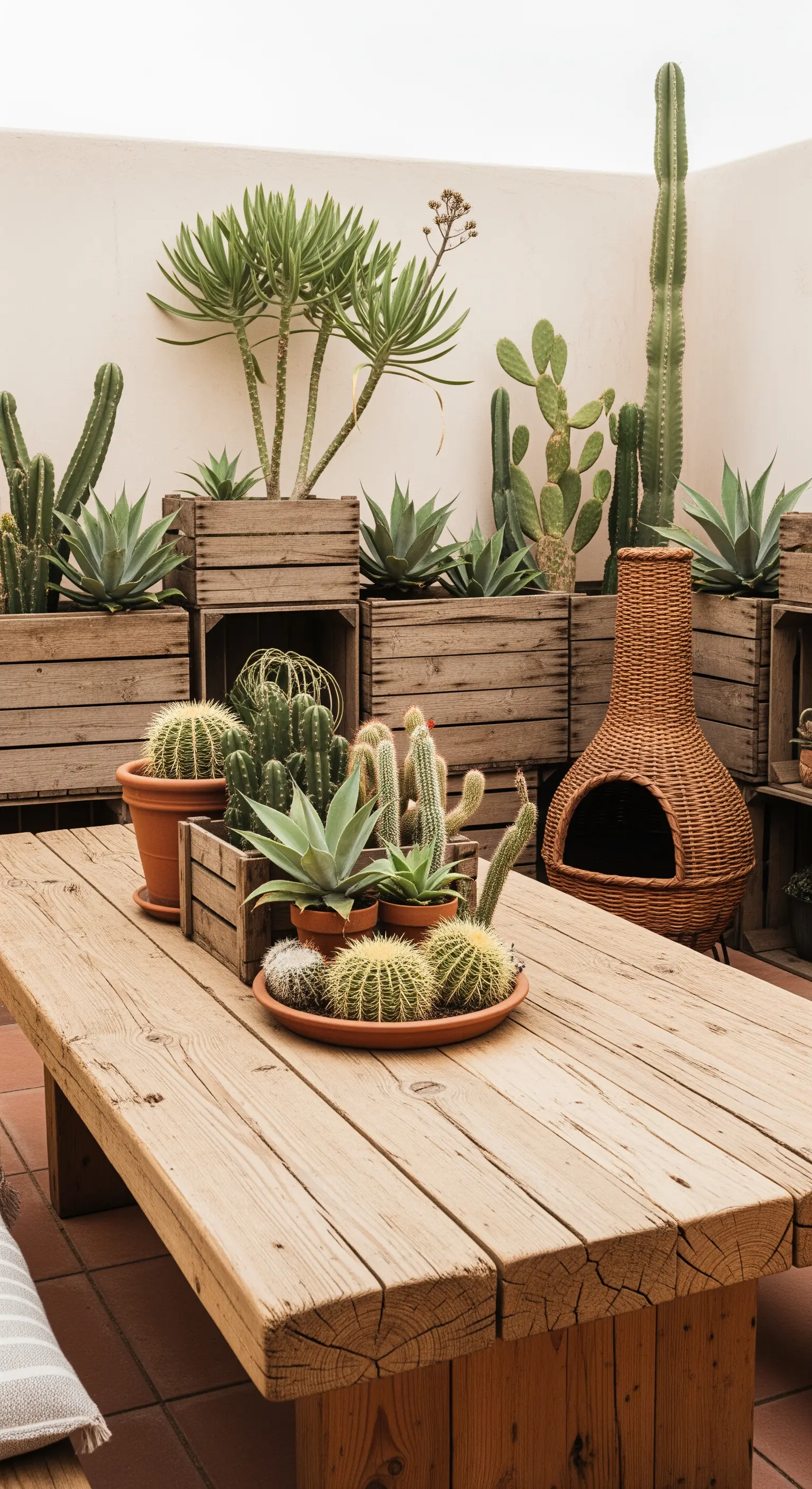 Patio con un tavolo in legno e cassette usate come fioriere per una varietà di cactus