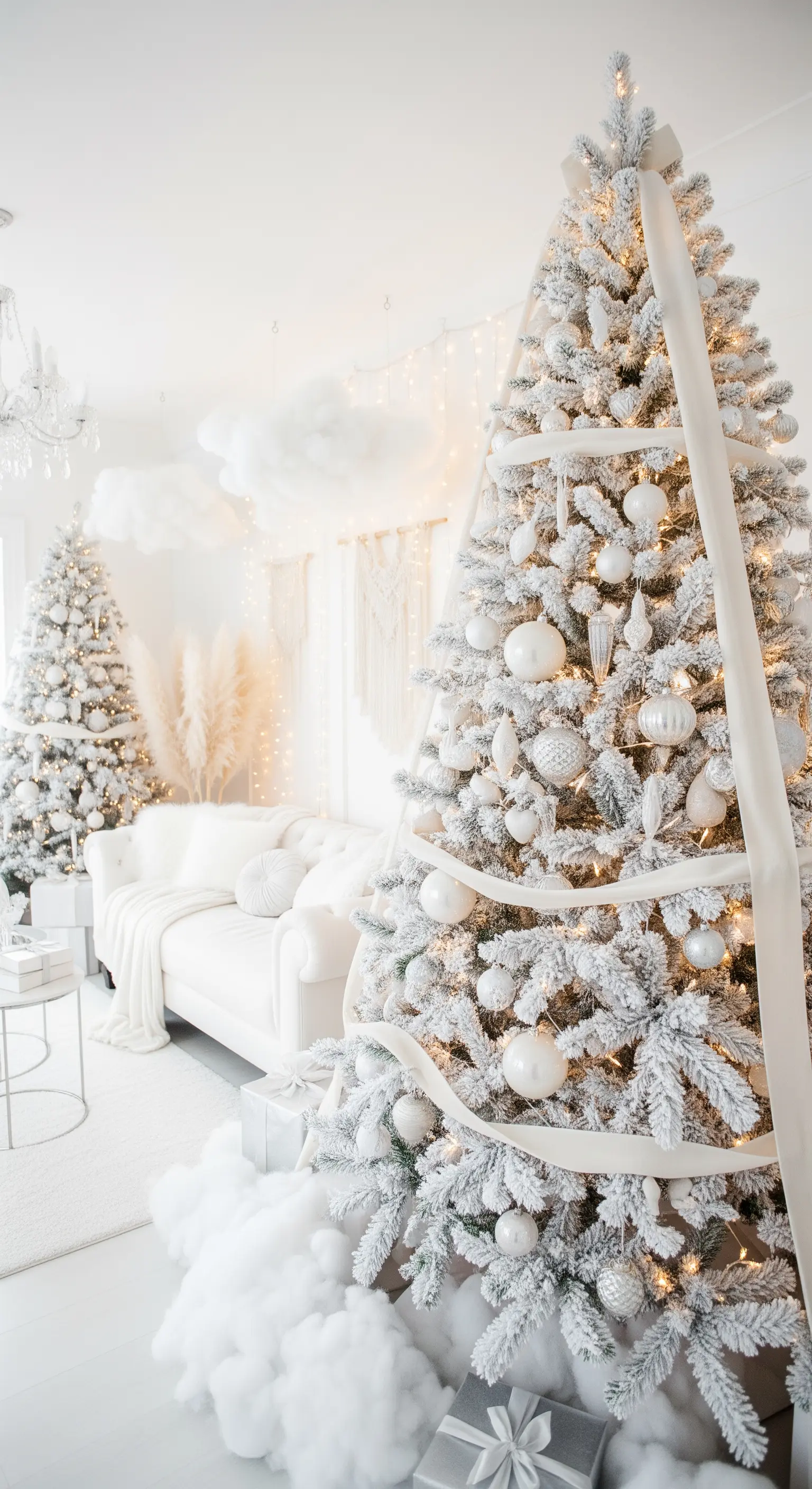 Albero di Natale bianco innevato con decorazioni e nastro bianchi, circondato da neve finta