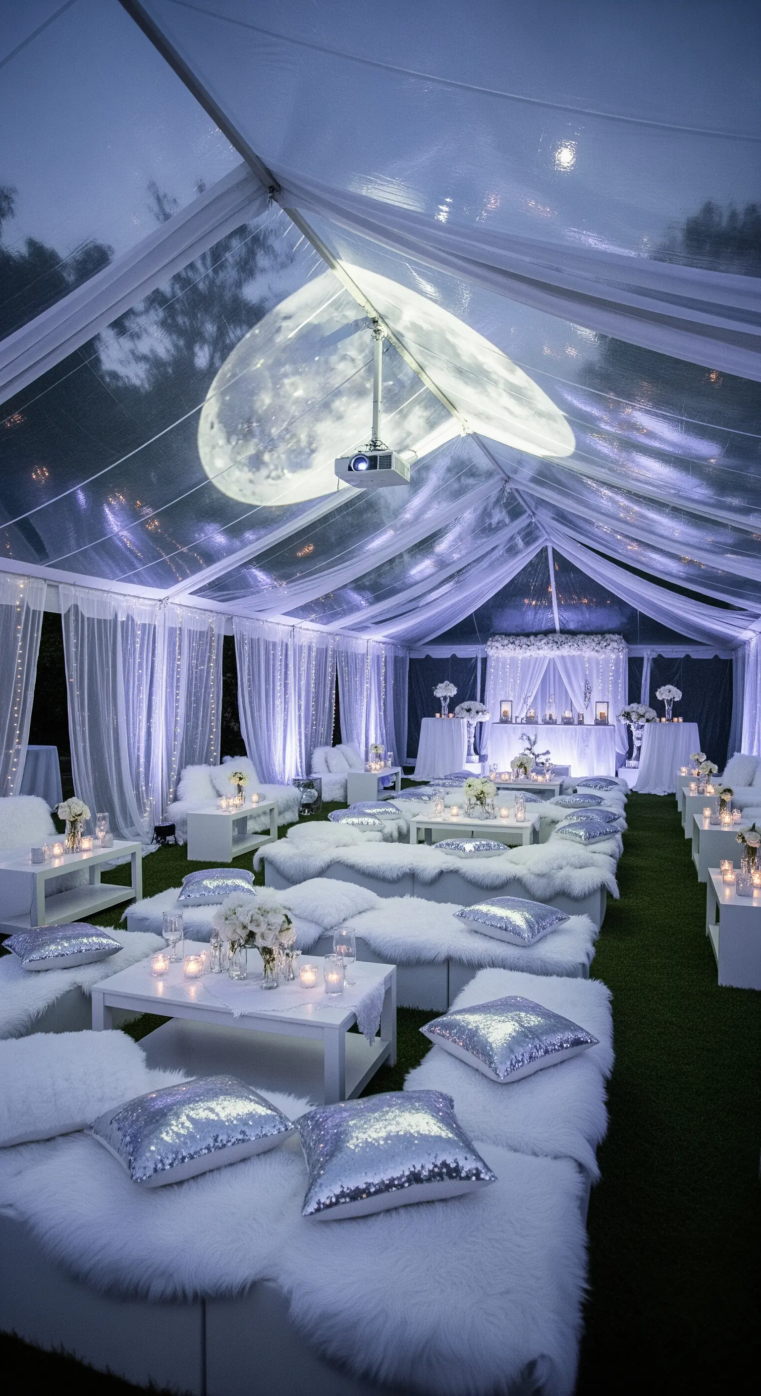 Tenda trasparente allestita a tema invernale con arredi bianchi, pellicce e una luna proiettata.