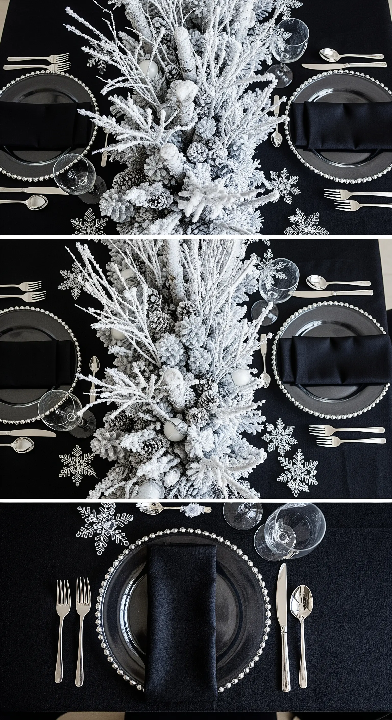 Centrotavola invernale con rami innevati, pigne e sottopiatti con perline.