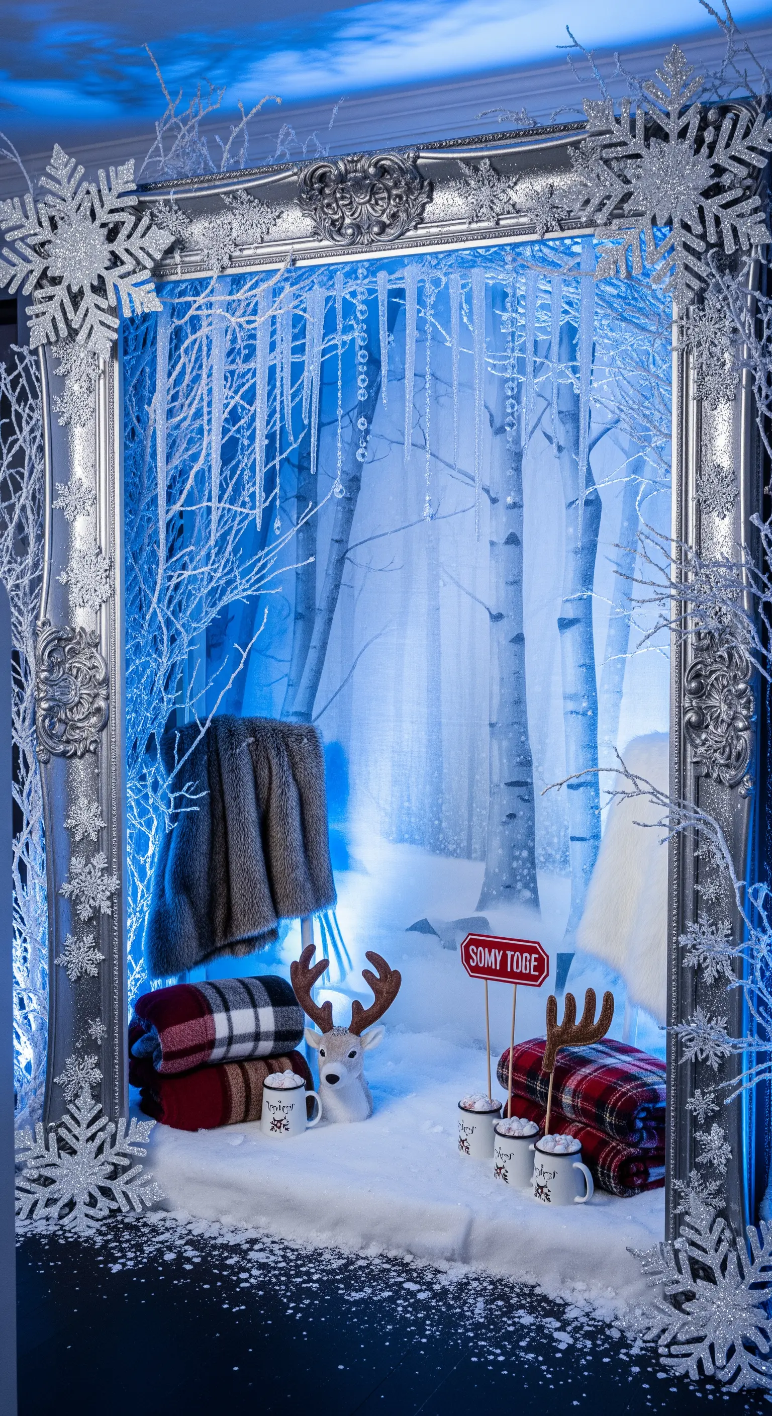 Photo booth invernale con cornice argentata, sfondo di foresta innevata e coperte di tartan.