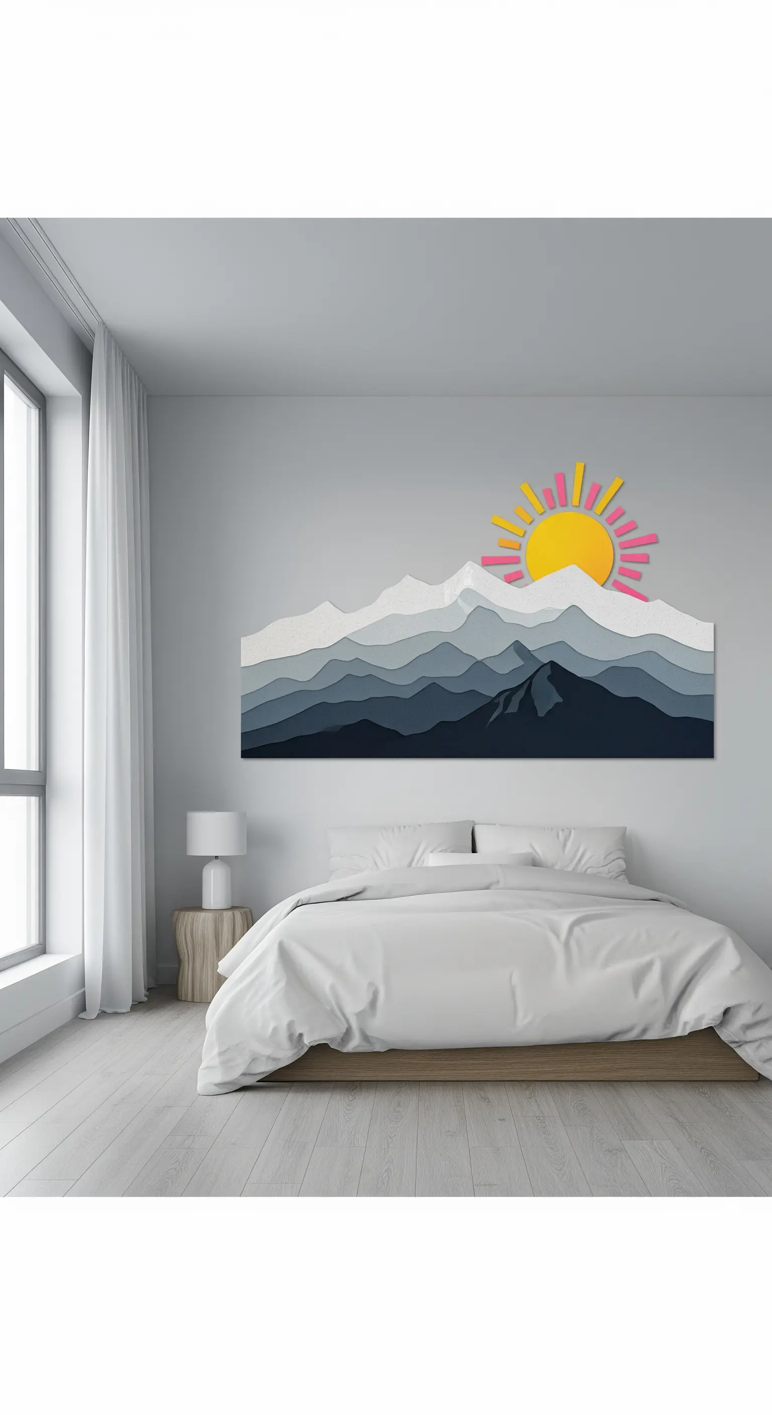 Paesaggio montano stilizzato creato con strati di carta sovrapposti in diverse tonalità di blu.