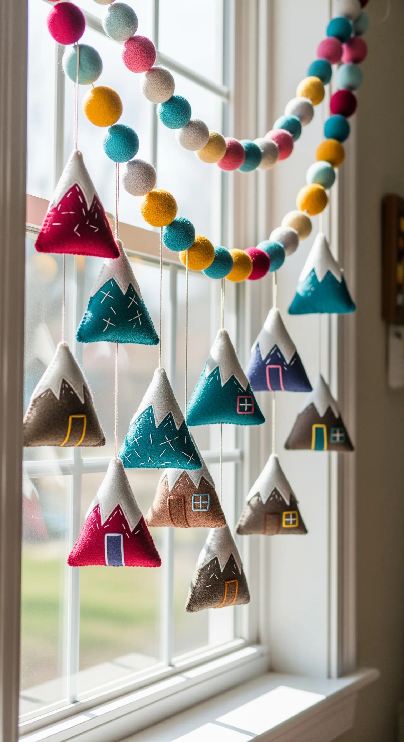Ghirlanda di feltro con montagne colorate e pompon appesa a una finestra.
