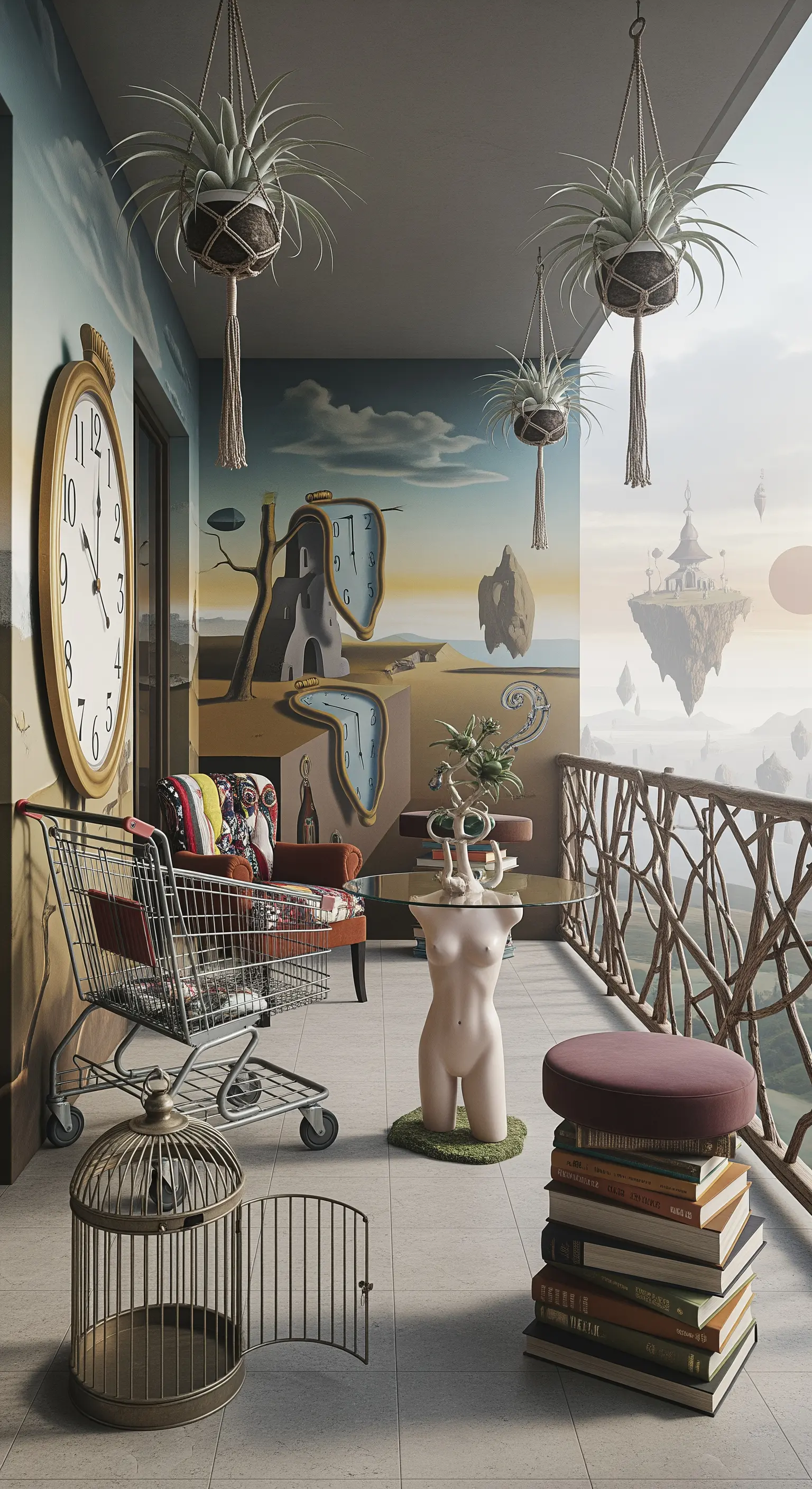 Balcone surreale con murale in stile Dalí, carrello della spesa e arredi eclettici.