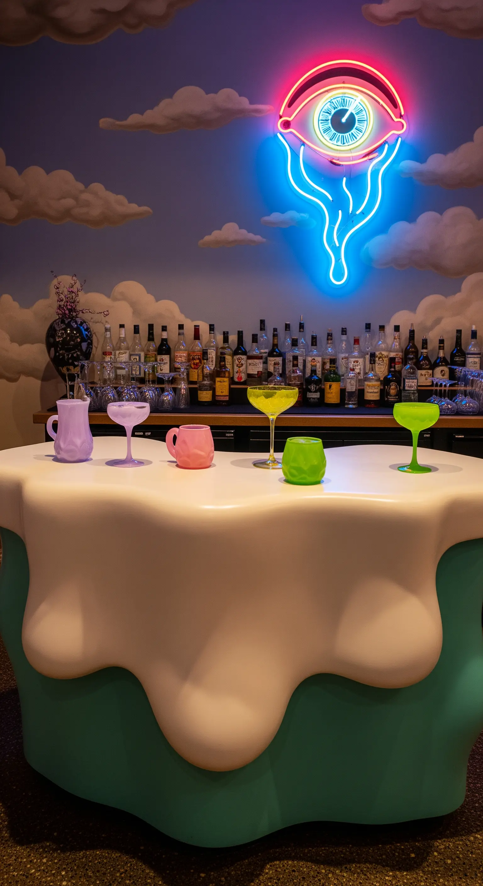 Bar surreale con bancone che sembra sciogliersi, murales di nuvole e insegna al neon a forma di occhio.
