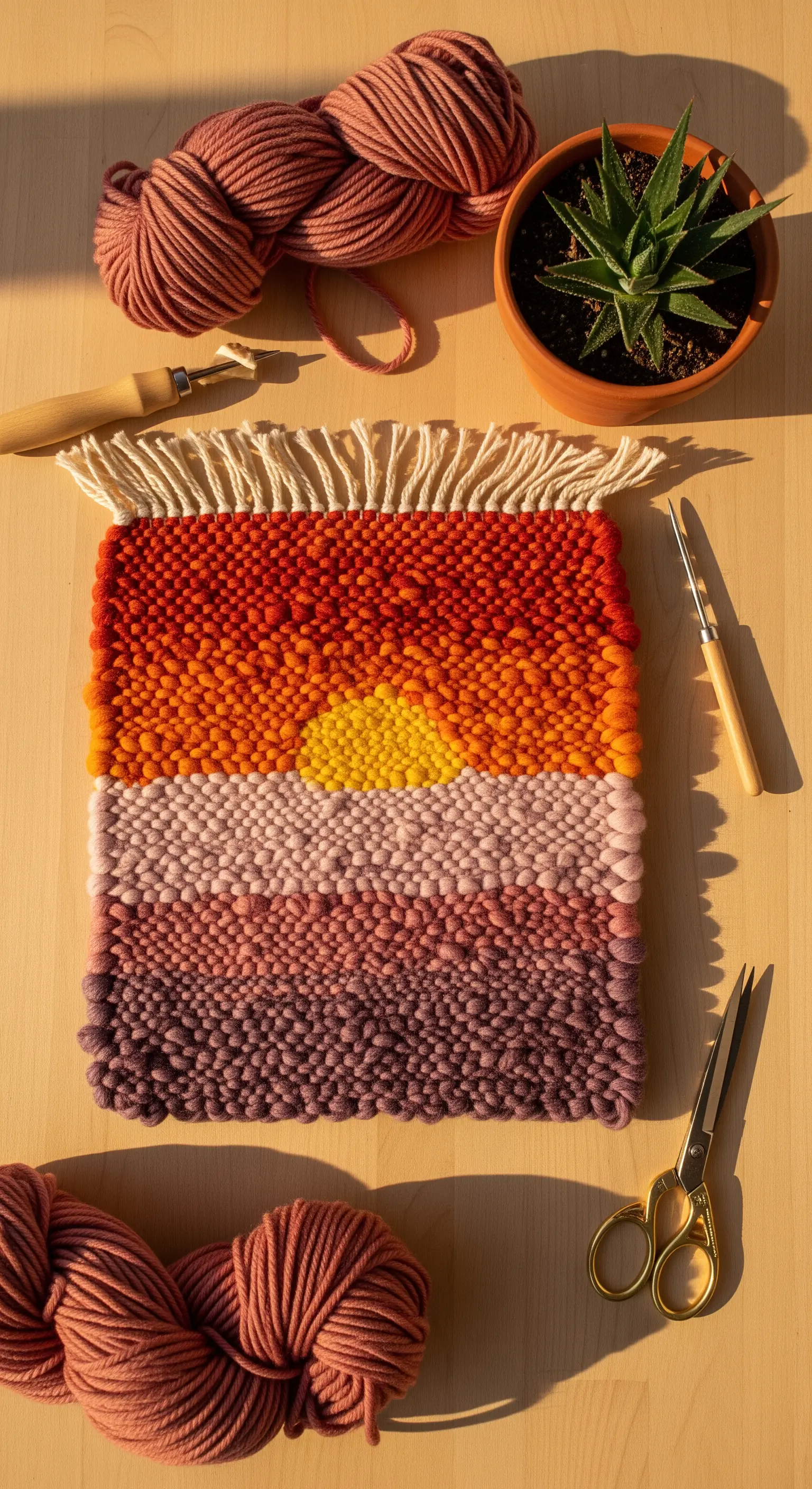 Tappeto artigianale con paesaggio al tramonto e gomitoli di lana rosa.