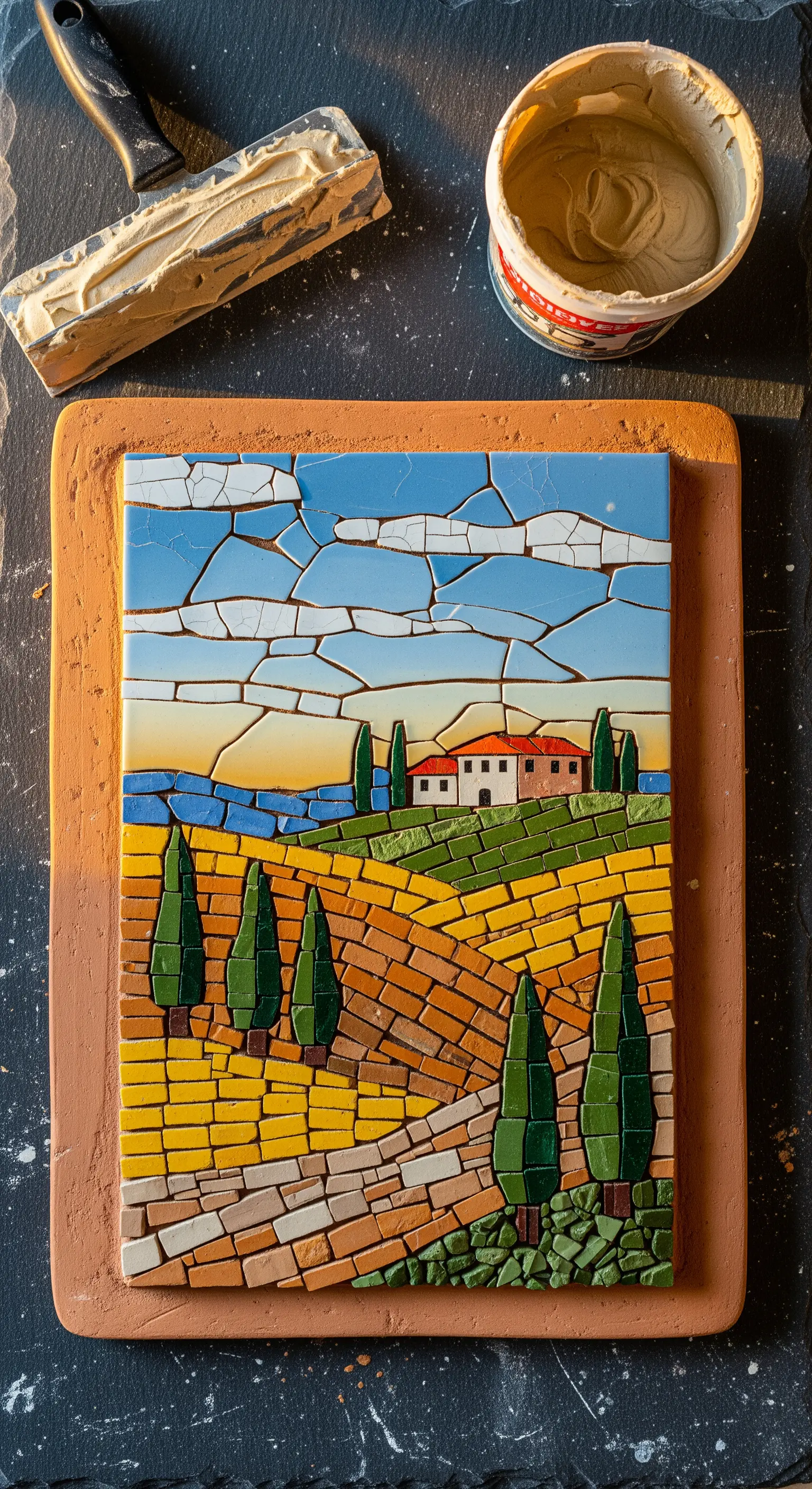 Mosaico di un paesaggio collinare toscano con cipressi e una casa colonica, su base in terracotta.