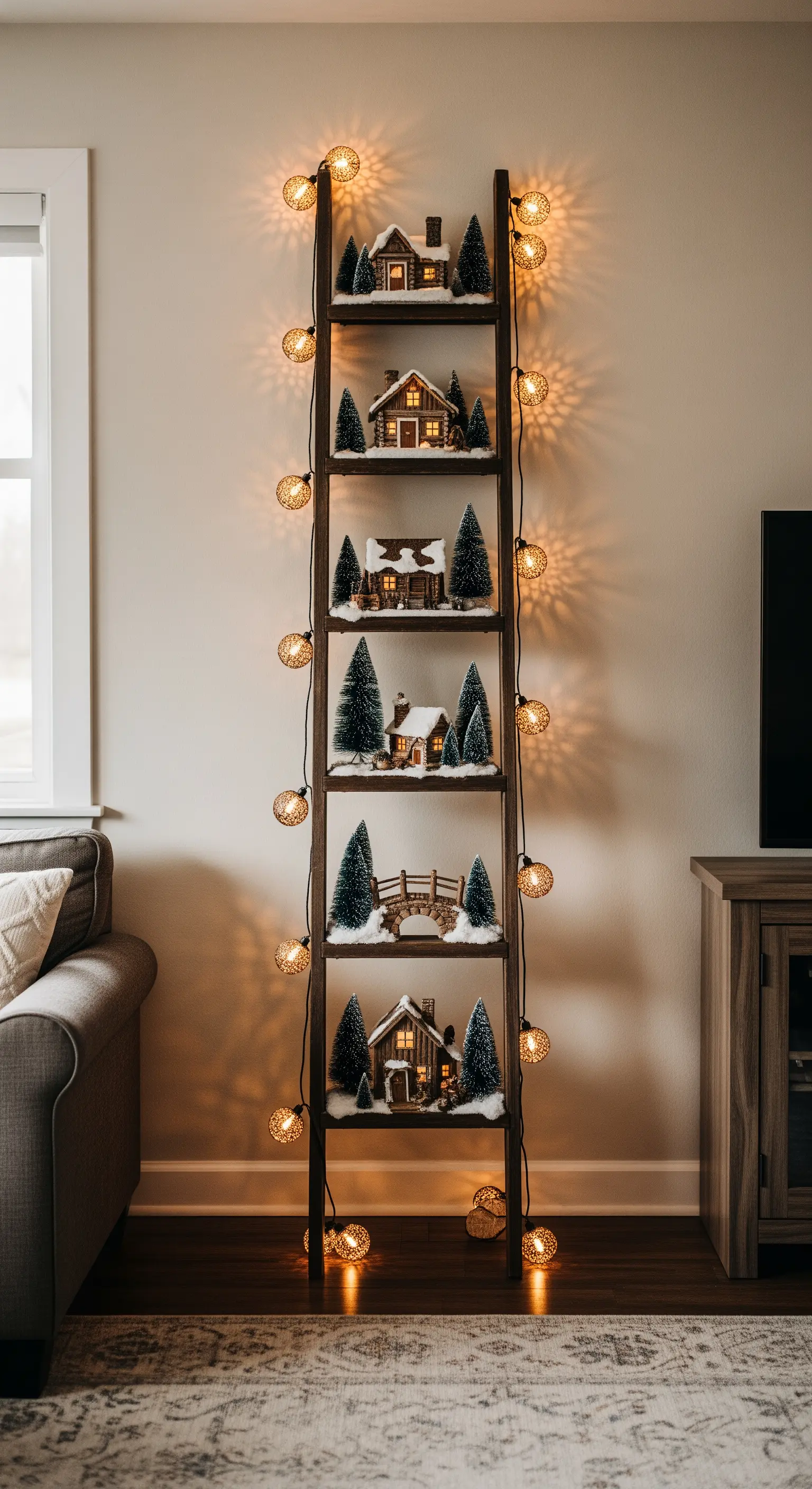 Scala a pioli in legno usata come espositore per un villaggio natalizio illuminato.