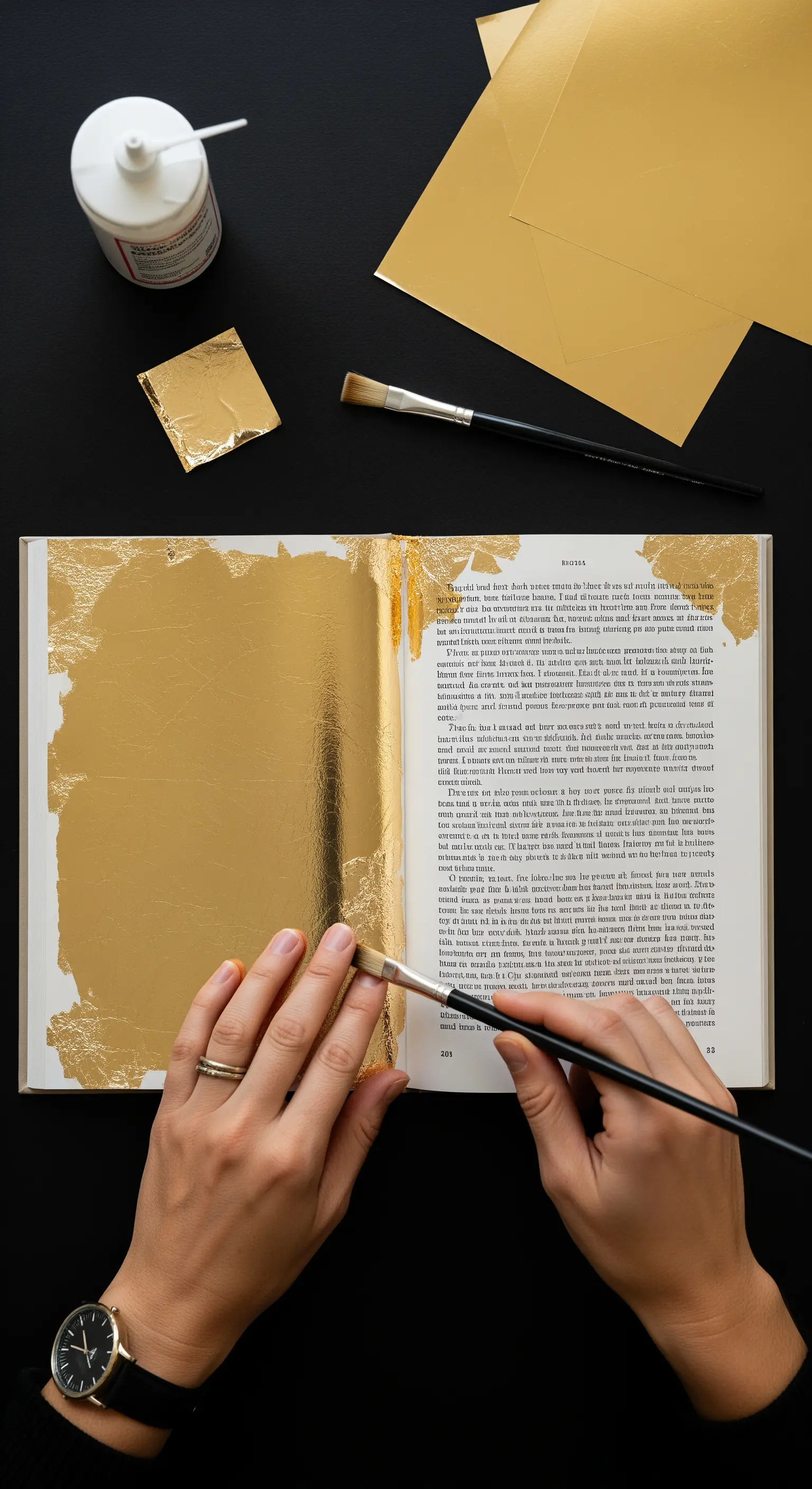 Mani che applicano la foglia d'oro con un pennello sulle pagine di un libro aperto.
