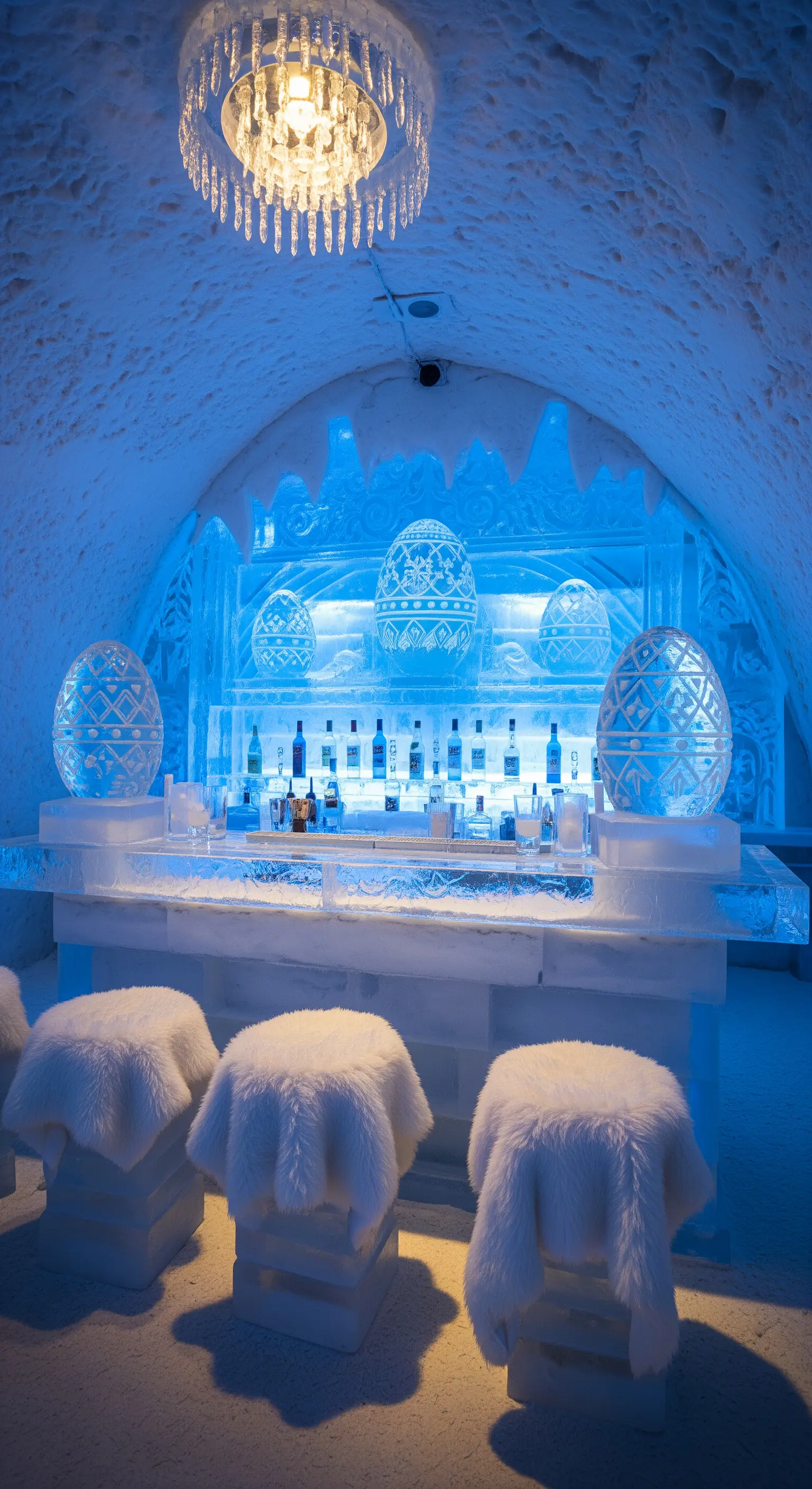Bar scolpito nel ghiaccio con sgabelli ricoperti di pelliccia e un lampadario di cristallo.