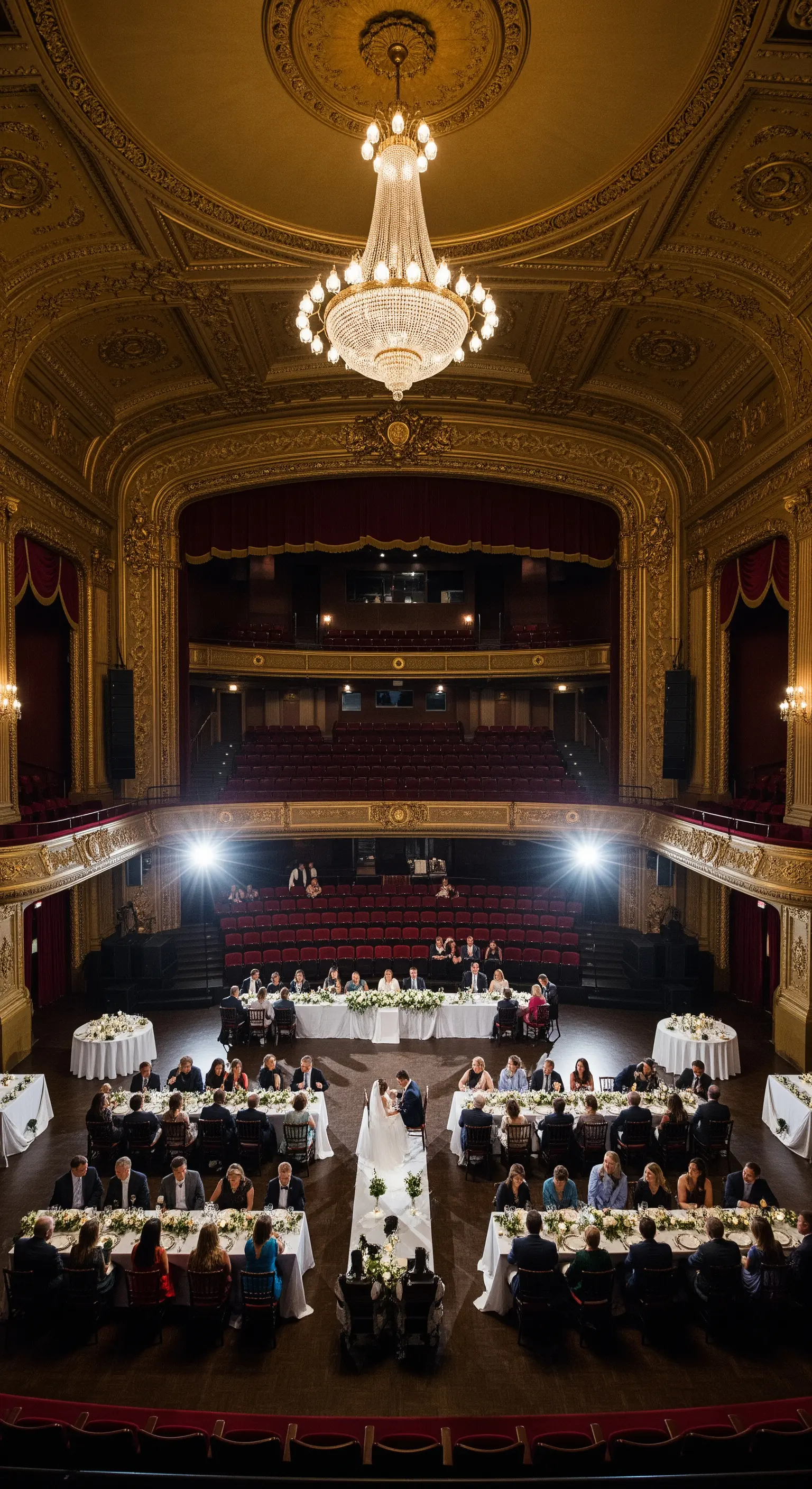 Ricevimento di nozze all'interno di un teatro d'epoca, con il tavolo d'onore sul palcoscenico