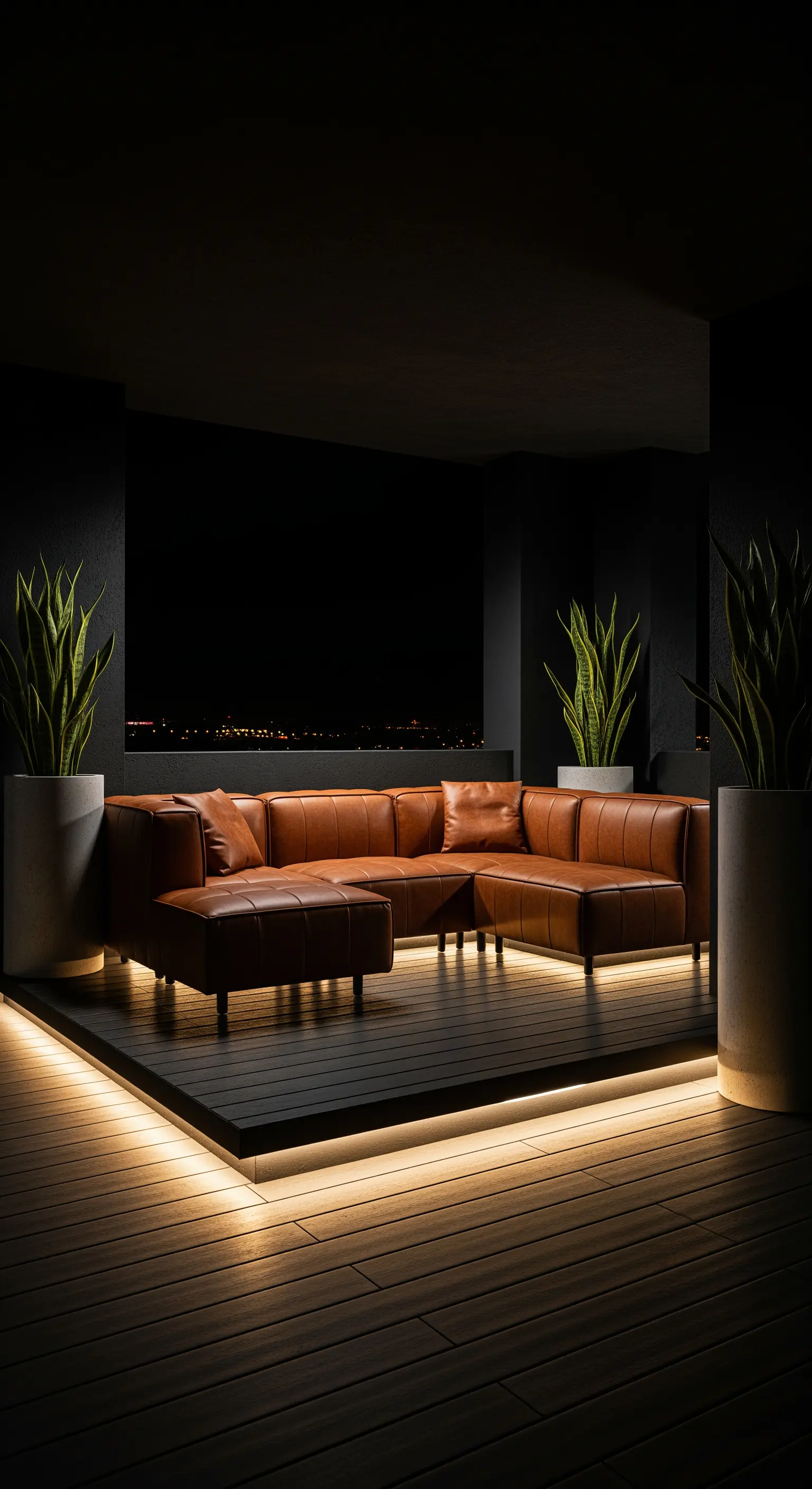 Terrazza notturna con divano in pelle marrone su pedana illuminata da striscia a led.