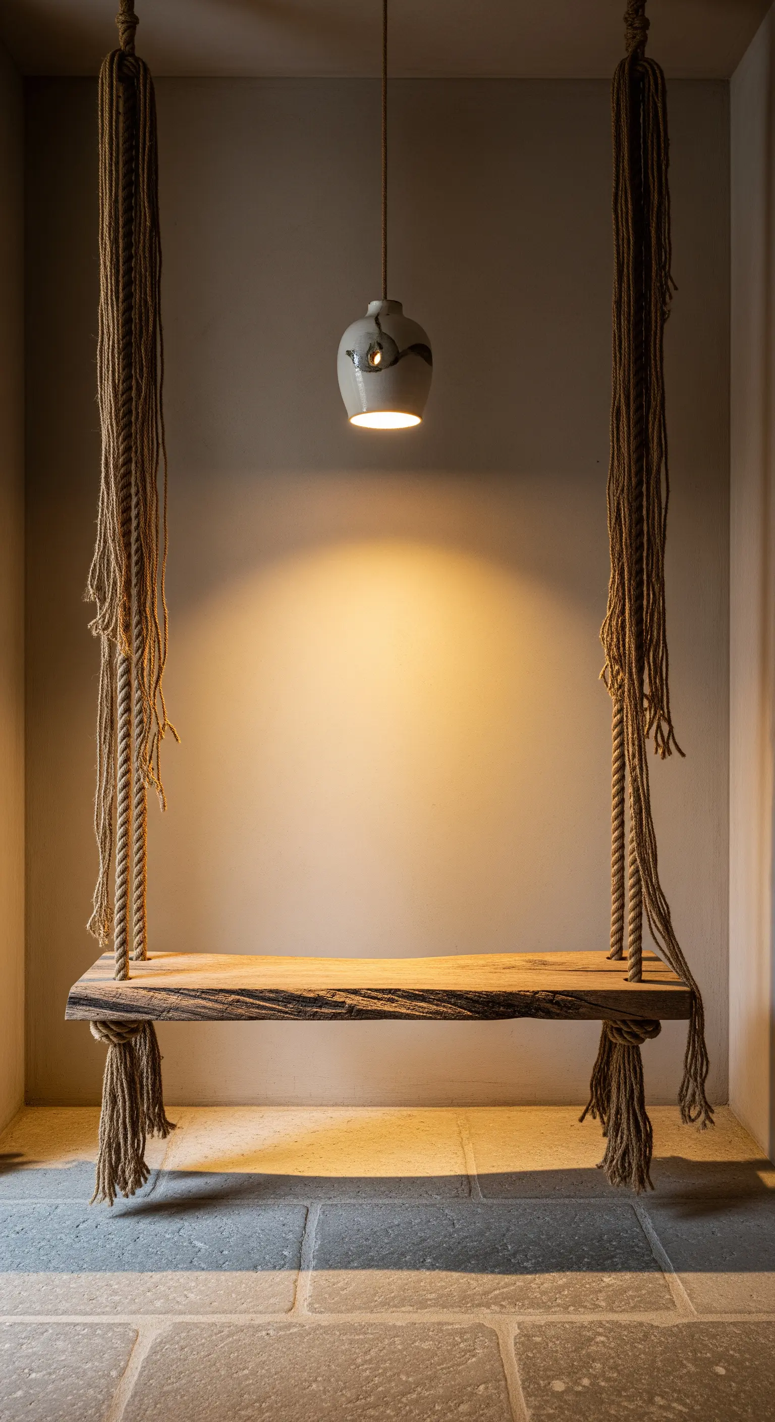 Panca in legno grezzo con corde sfilacciate, illuminata da un faretto in una nicchia.