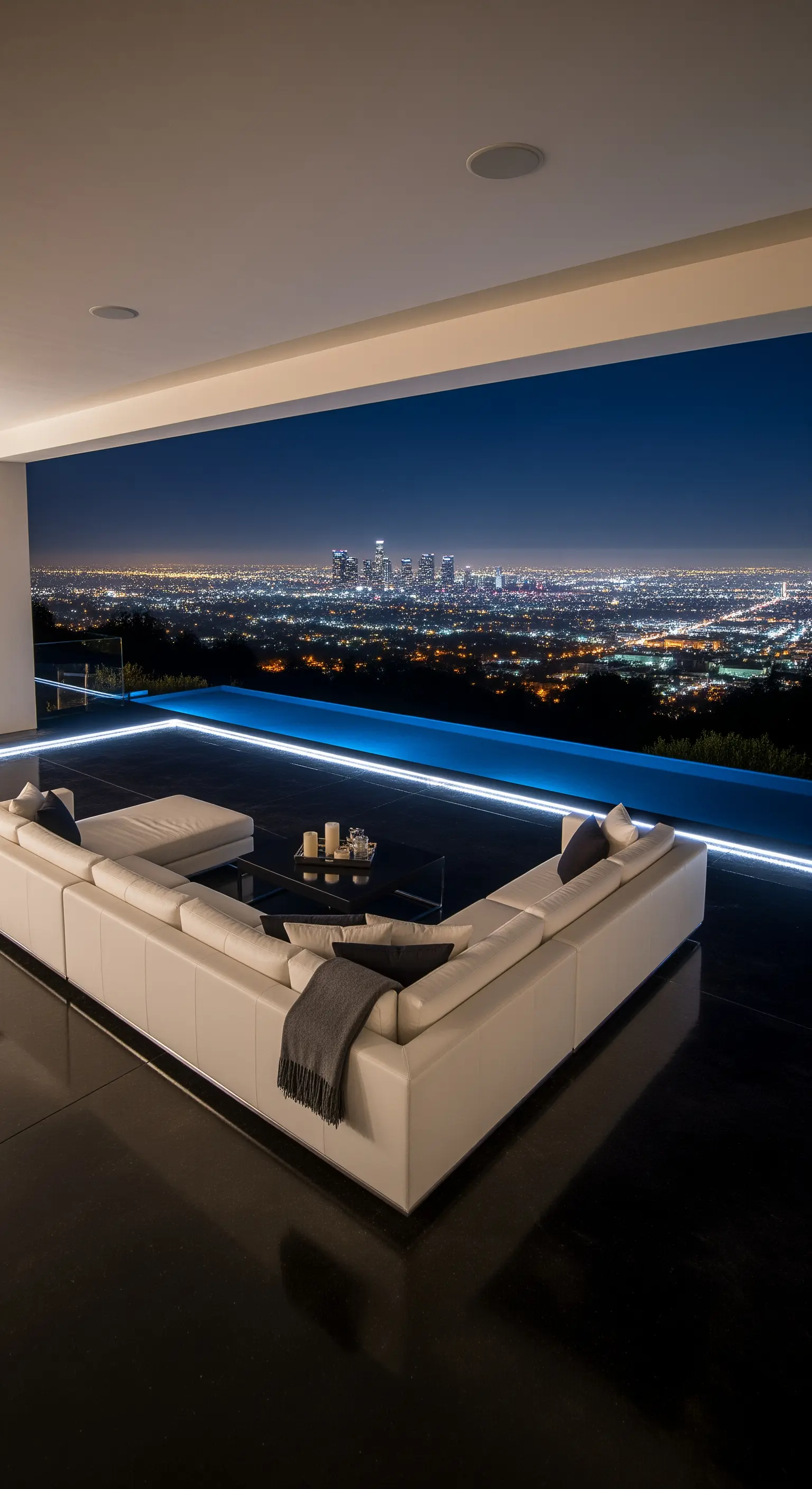 Terrazza con piscina a sfioro e vista sulla città, divano bianco e illuminazione a LED blu
