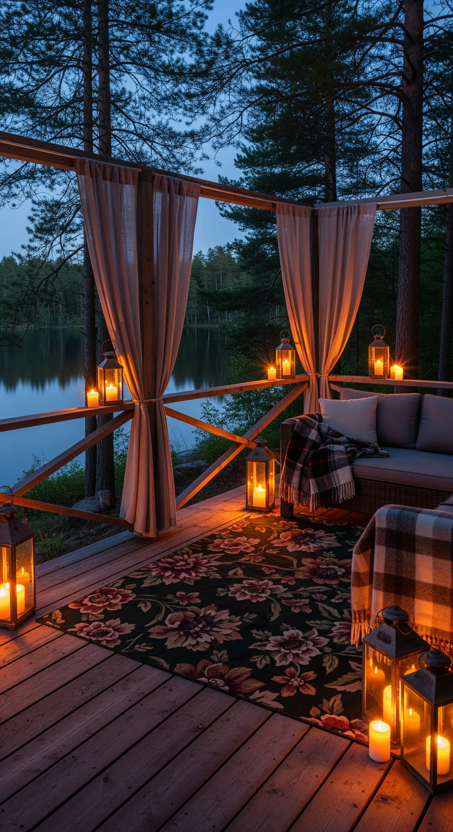 Terrazza in legno affacciata su un lago, con divano, tappeto scuro e lanterne accese.