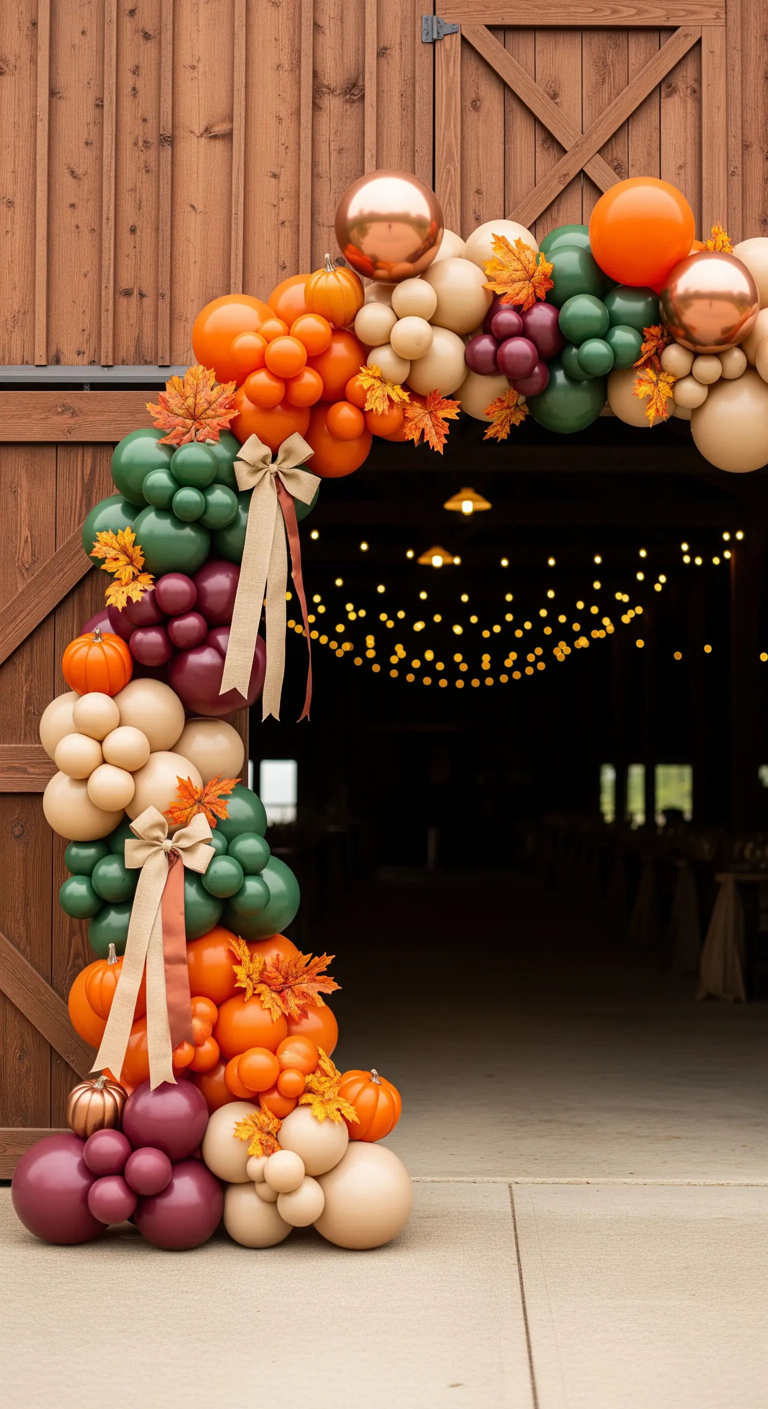 Arco di palloncini autunnale con foglie, zucche e fiocchi di juta all'ingresso di un fienile.