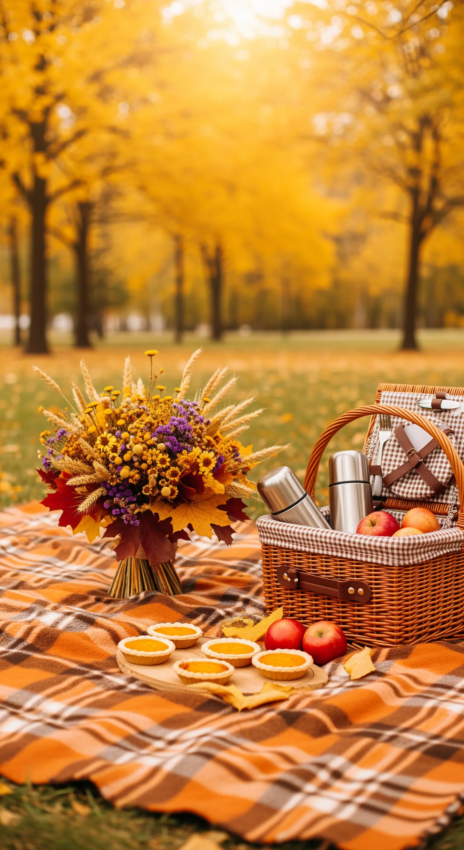 Picnic autunnale con coperta a quadri arancione, thermos e bouquet di fiori secchi