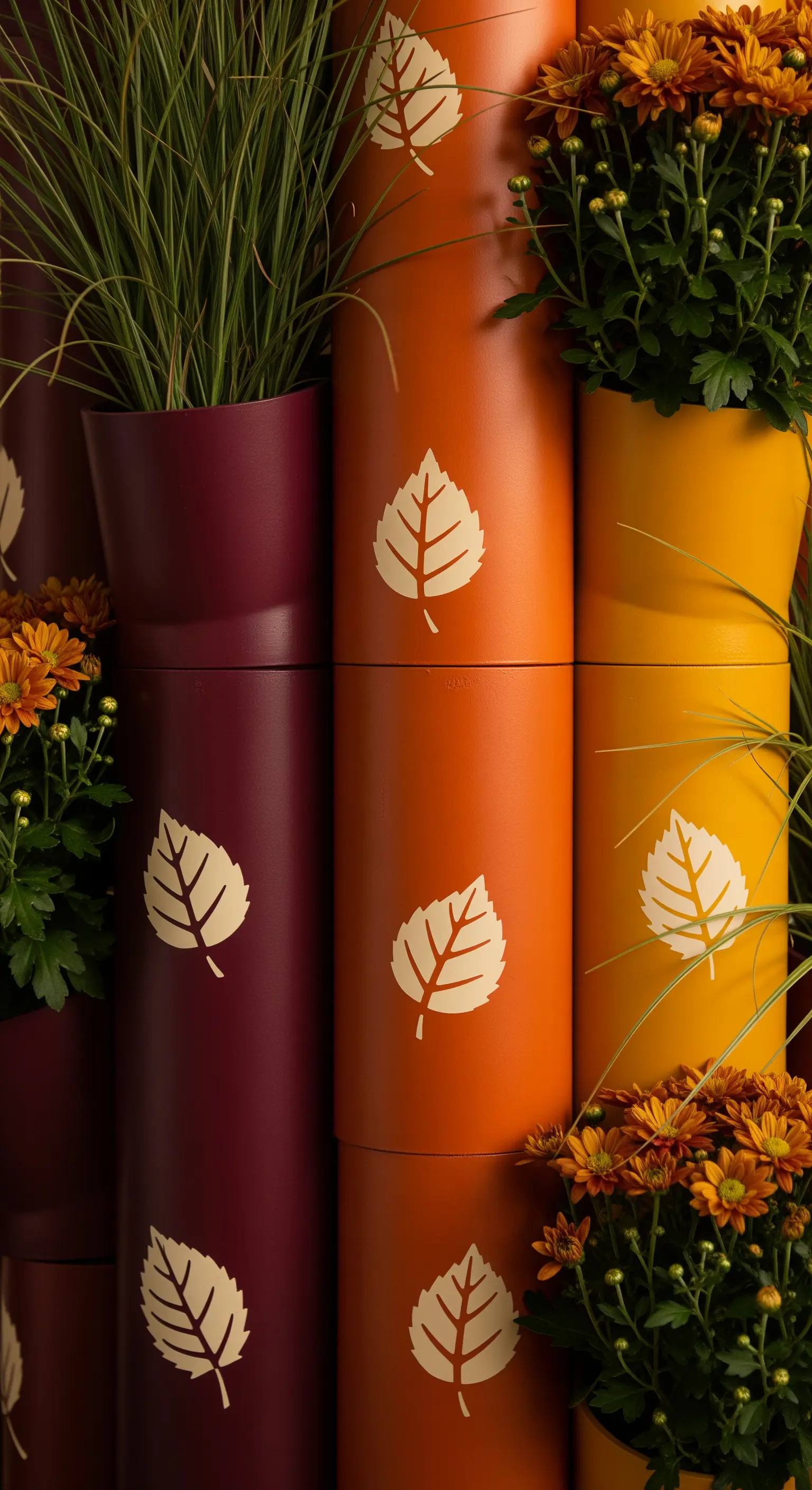 Gruppo di tubi in PVC dipinti con colori autunnali come bordeaux, arancione e giallo.