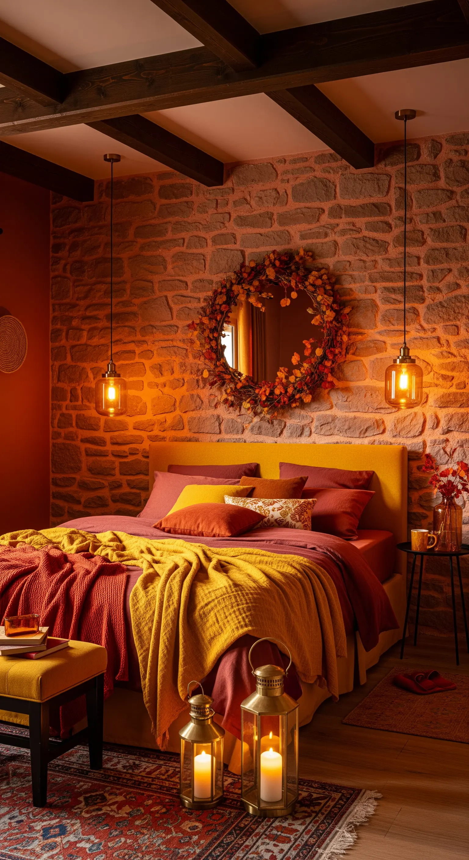 Camera da letto con parete in pietra illuminata da luci calde e biancheria nei toni dell'autunno.
