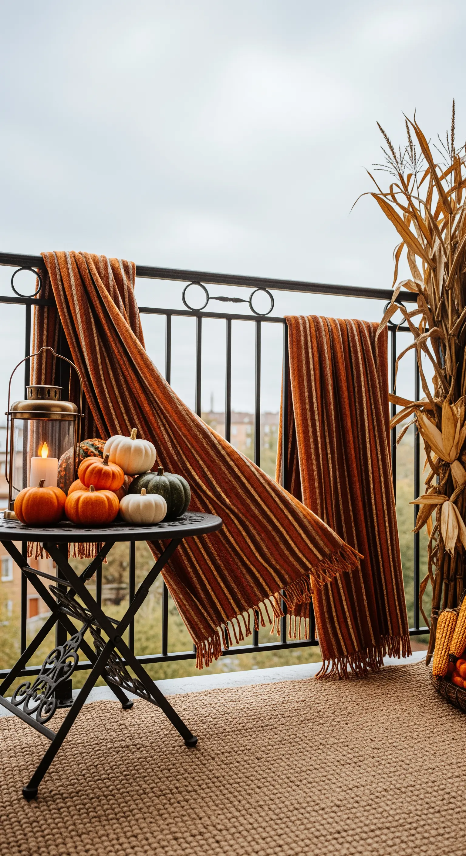 Balcone allestito per l'autunno con zucche, plaid a righe e una lanterna.