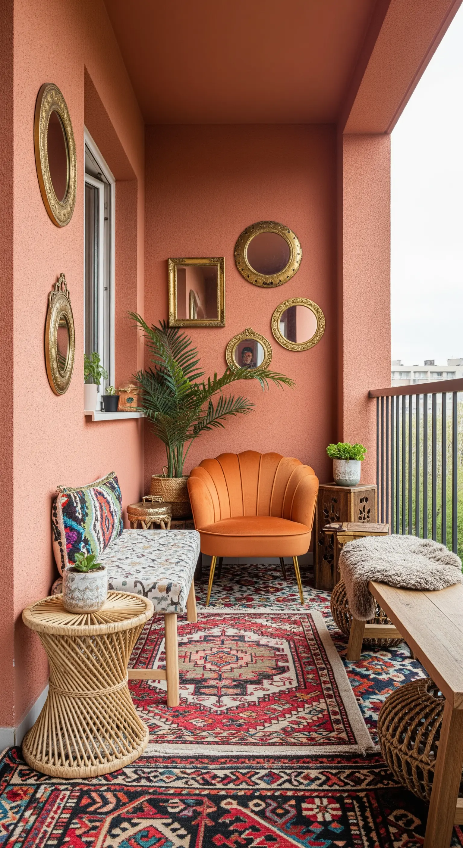 Balcone con pareti terracotta, poltrona in velluto arancione e una collezione di specchi dorati.